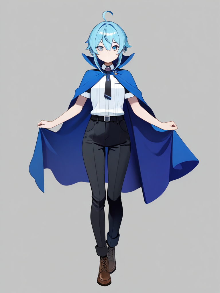 sprunki, jevin, blue_hair, blue_eyes, blue_cape, single character, full body, looking at viewer, anime style, simple background, white background