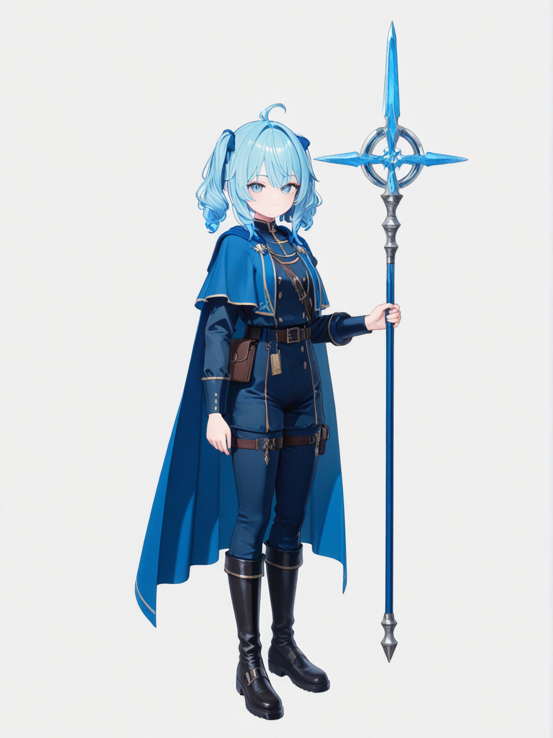 [3d-anime-style] sprunki, jevin, blue_hair, blue_eyes, blue_cape, single character, full body, looking at viewer, anime style, simple background, white background