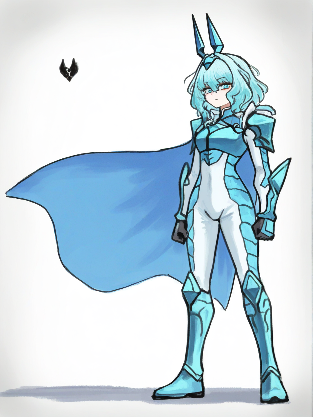 [sketchy-painterly-style] sprunki, jevin, blue_hair, blue_eyes, blue_cape, single character, full body, looking at viewer, anime style, simple background, white background