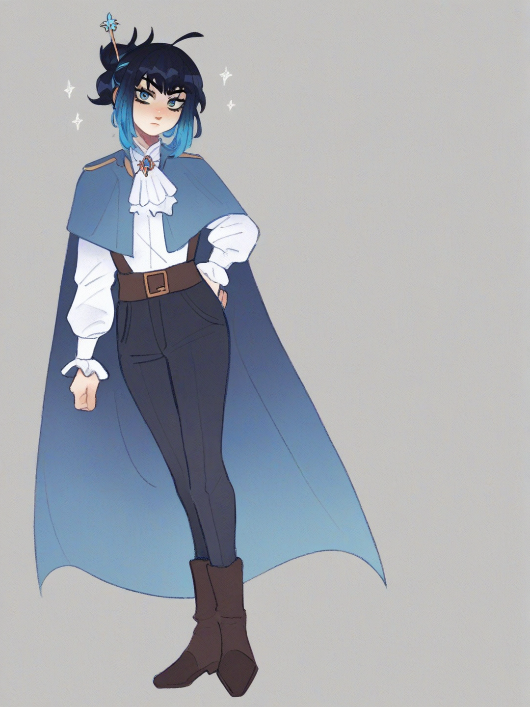 [soft-shaded-moe-style] sprunki, jevin, blue_hair, blue_eyes, blue_cape, single character, full body, looking at viewer, anime style, simple background, white background