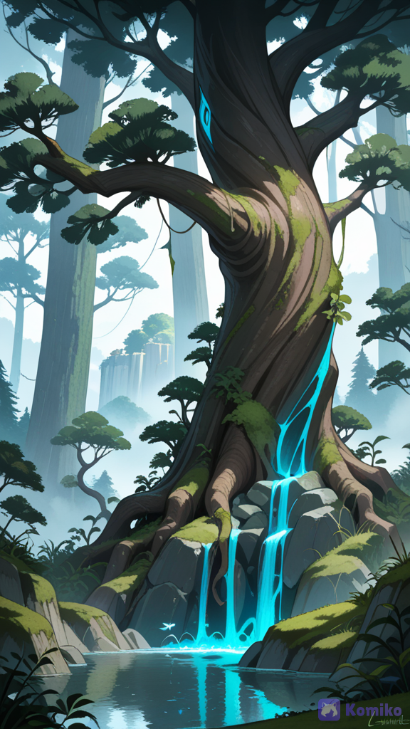 Enchanted Forest: giant ancient trees, glowing flowers, luminous rivers, mist, hidden ruins