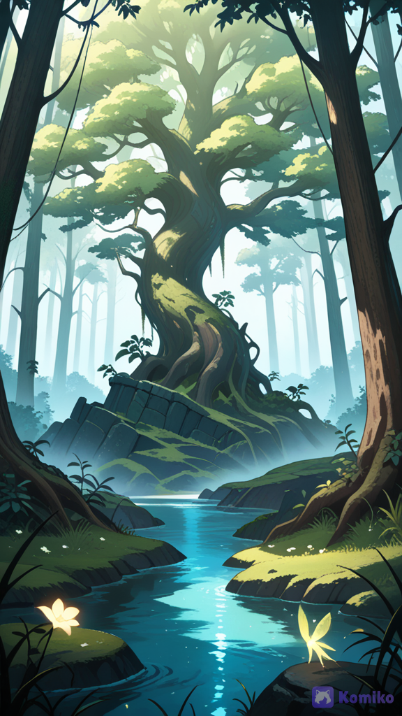 Enchanted Forest: giant ancient trees, glowing flowers, luminous rivers, mist, hidden ruins