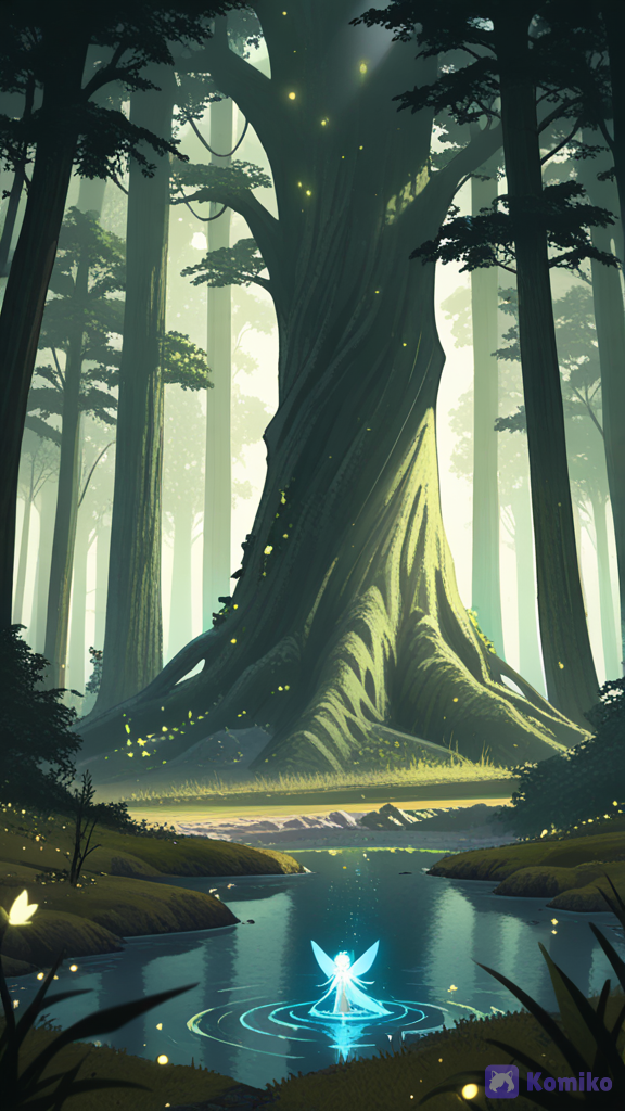 Enchanted Forest: giant ancient trees, glowing flowers, luminous rivers, mist, hidden ruins