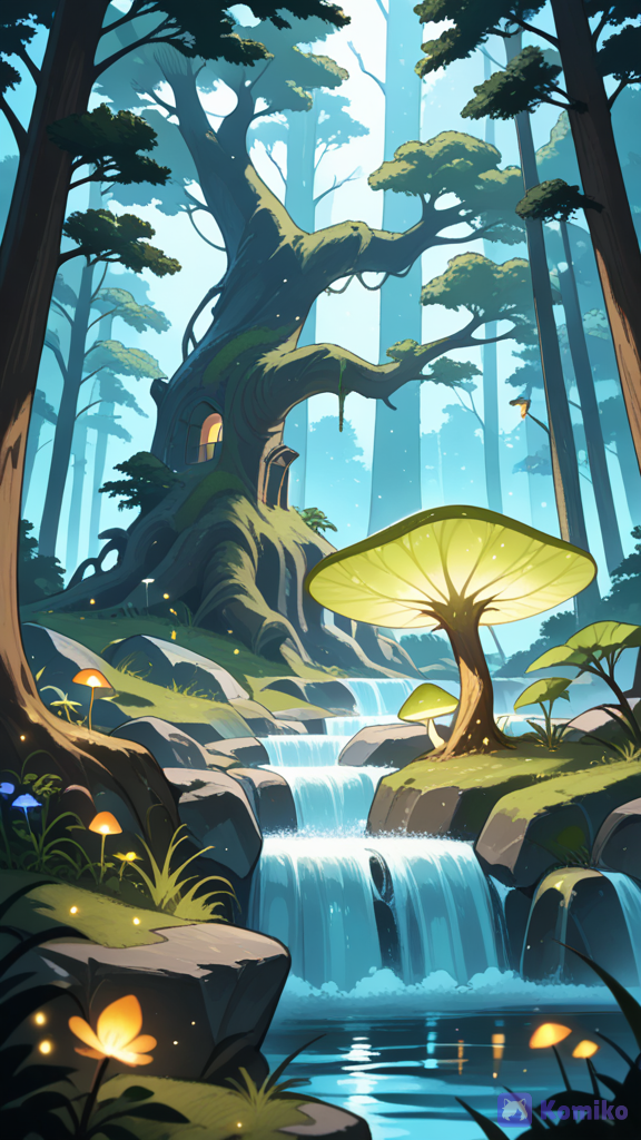 Enchanted Forest: giant ancient trees, glowing flowers, luminous rivers, mist, hidden ruins