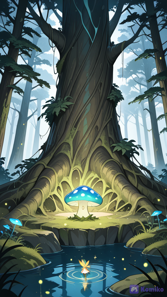 Enchanted Forest: giant ancient trees, glowing flowers, luminous rivers, mist, hidden ruins