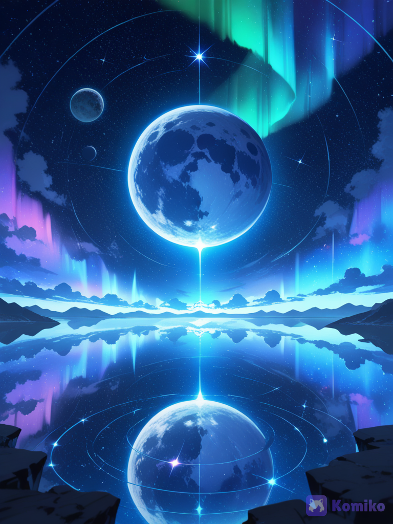 Cosmic World: floating planets, rings around giant moons, I’d use combinations like “floating islands + giant moon + glowing lake + aurora + fantasy ruins + cosmic sky” Add More sparkling ✨️ shining star