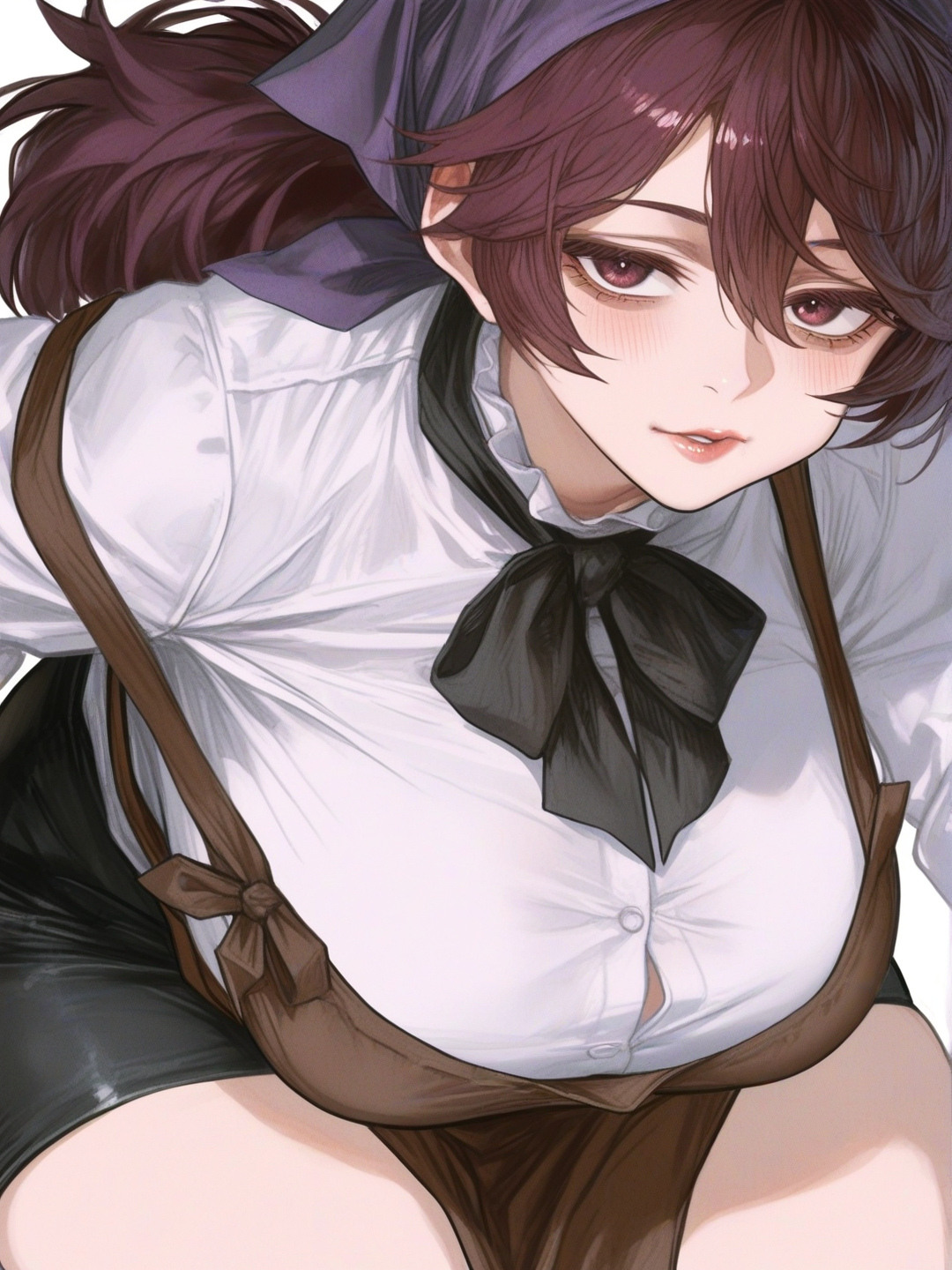 [semi-realistic-portrait-style] 1girl, mature_female, bbw, obese, huge_breasts, short_hair, brown_hair, purple_hair, low_ponytail, purple_headscarf, small_brown_eyes, white_shirt, black_bowtie, black_miniskirt, brown_apron, single_character, full_body, looking_at_viewer, anime_style, simple_background, white_background