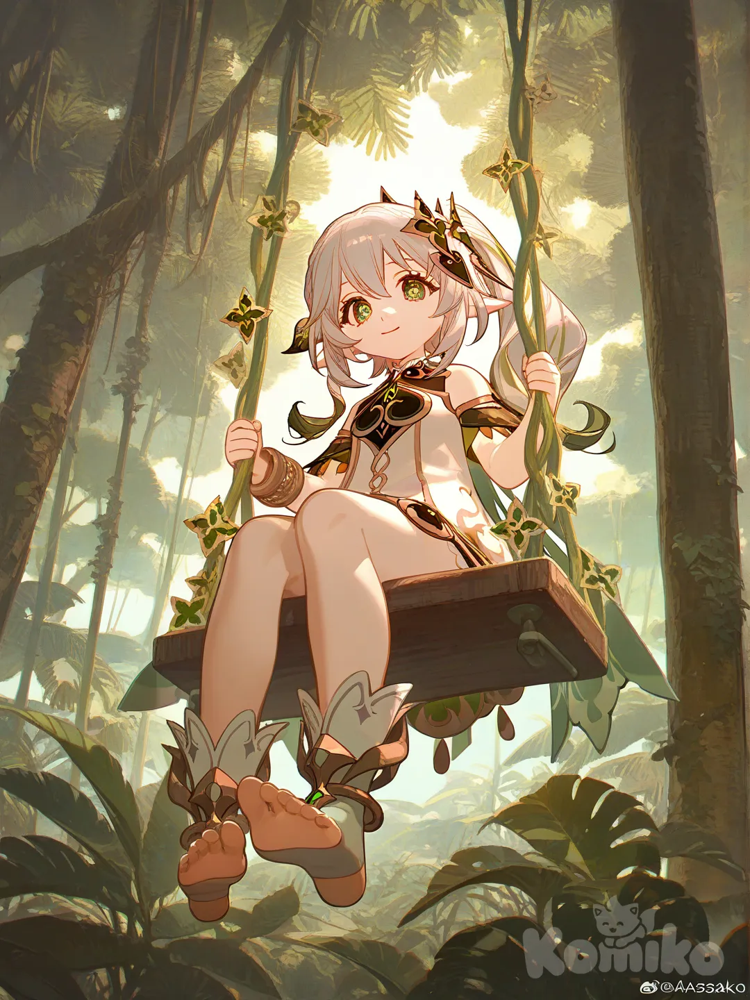 @Nahida_(Genshin_Impact) meciéndose en un columpio de madera, fondo de jungla, sonriendo, desde abajo, viendo a la camara, [dazzling-illustration-style]
