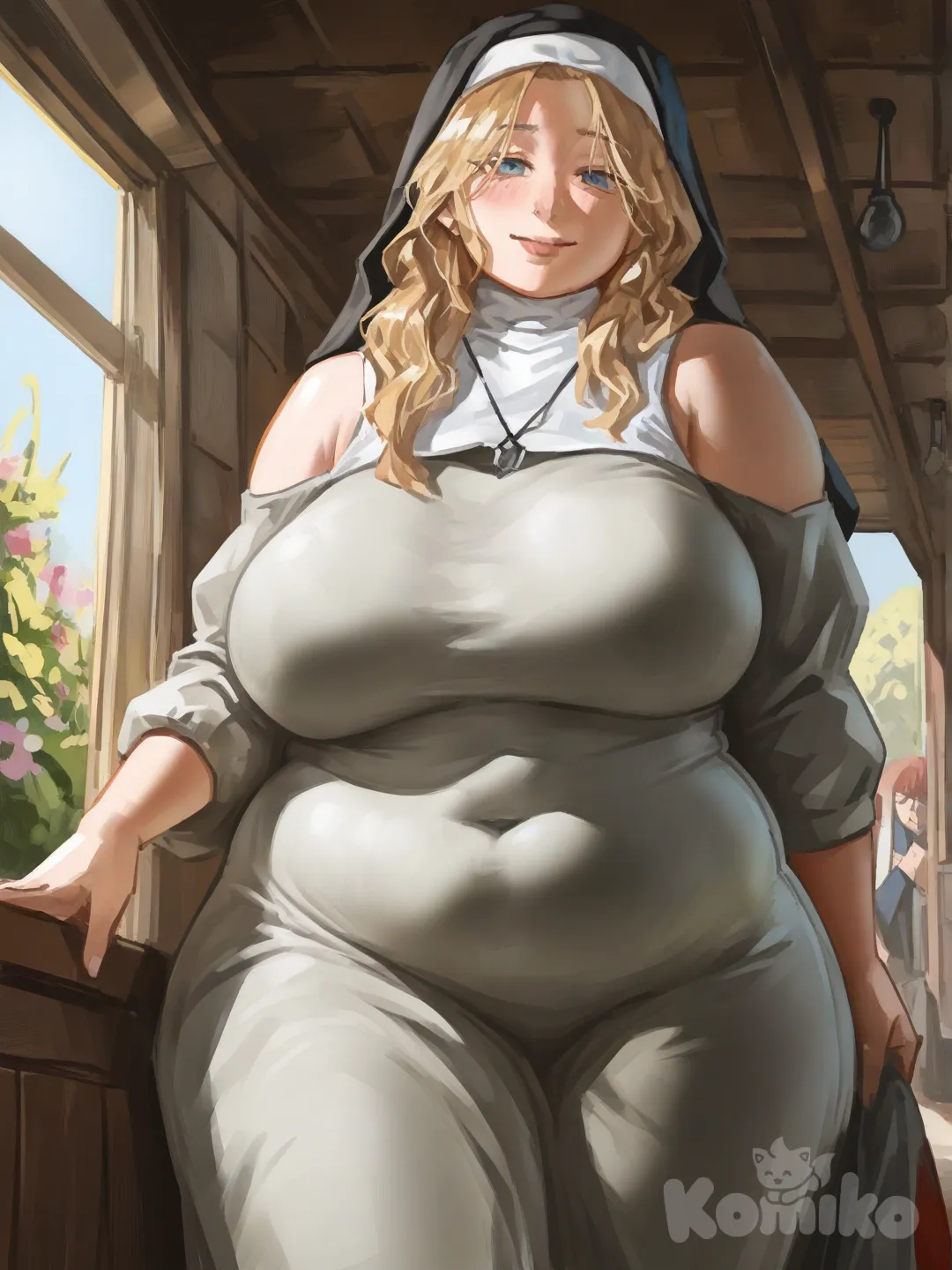 Mujer Gorda, madura, caderas muy amplias, hombros angostos, cabello largo, cabello rubio, ojos azules, tetas grandes, tetas caídas, rostro maternal, mirando al espectador, sonriendo al espectador, vestido de monja sencillo negro, caminando por una mercado medieval, vista desde abajo [radiant-coating-style]