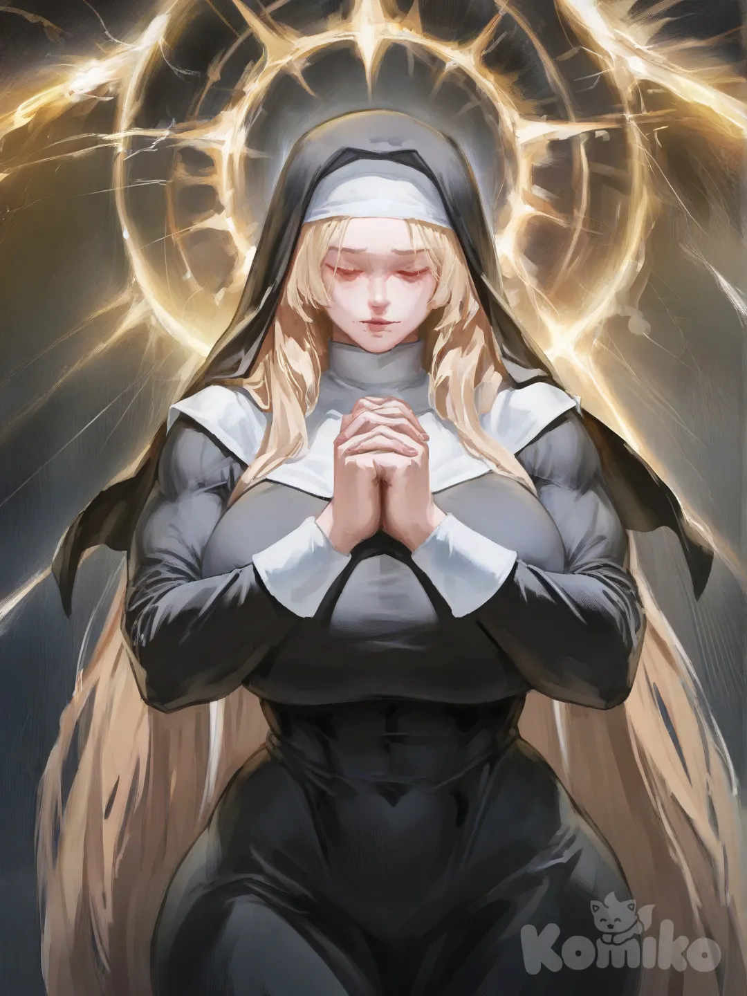 Monja, rubia, madura, pelo muy largo, ropa de monja dorada, alas de luz, piel clara, tetas gordas, musculosa, caderas anchas, rezando, ojos cerrados, 3/4 [radiant-coating-style]