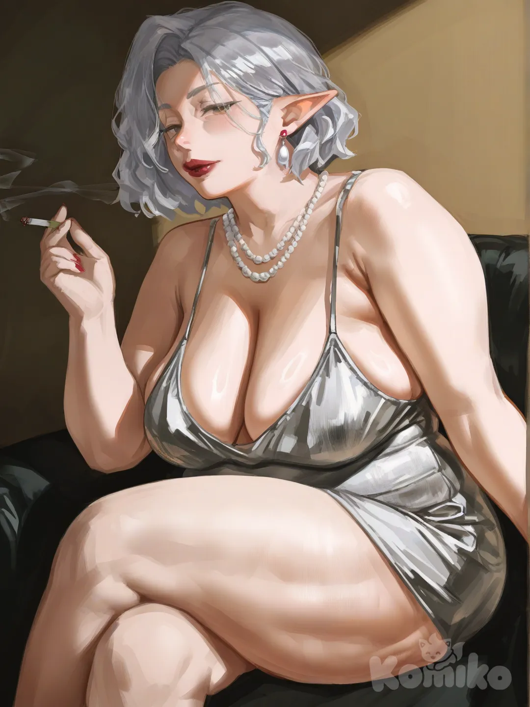 Mature woman, fat woman, belly, sagging breast, celulitis, silver hair, elegant haircut, wavy hairy, short hair, red lipstick, pointy ears, zarcillos de perla, collar de perlas, vestido elegante, vestido silver, clevage, crossed legs, smoking, seductora mirada [radiant-coating-style]