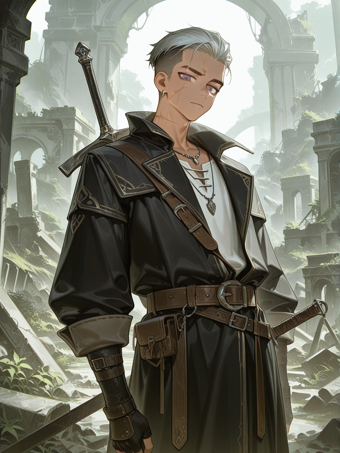 [high-gloss-illustration-style], 1boy, mature, slim, silver hair, purple eyes, scar, tan skin, earrings, adventurer, swordsman, undercut
