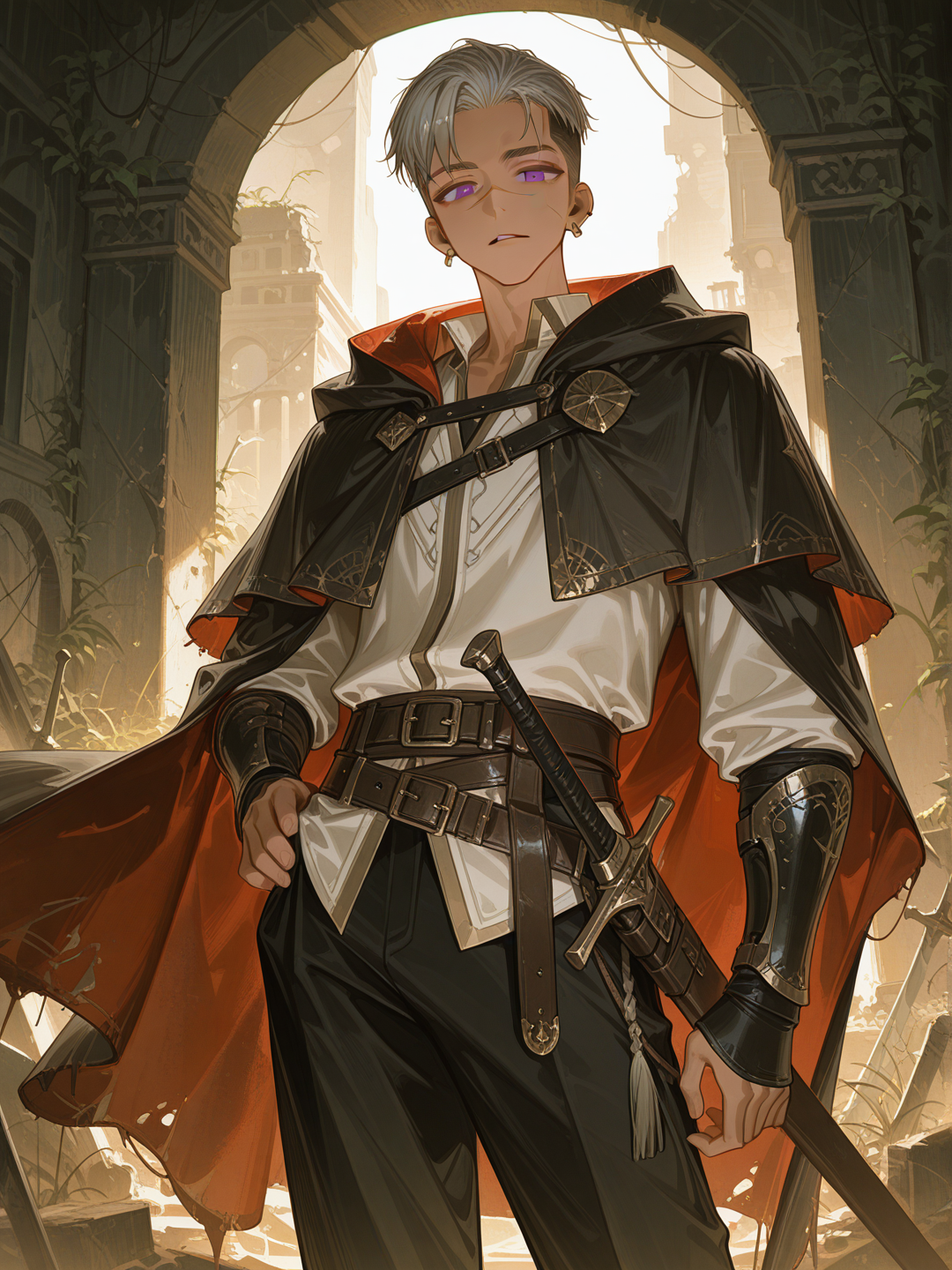 [high-gloss-illustration-style], 1boy, mature, slim, silver hair, purple eyes, scar, tan skin, earrings, adventurer, swordsman, undercut