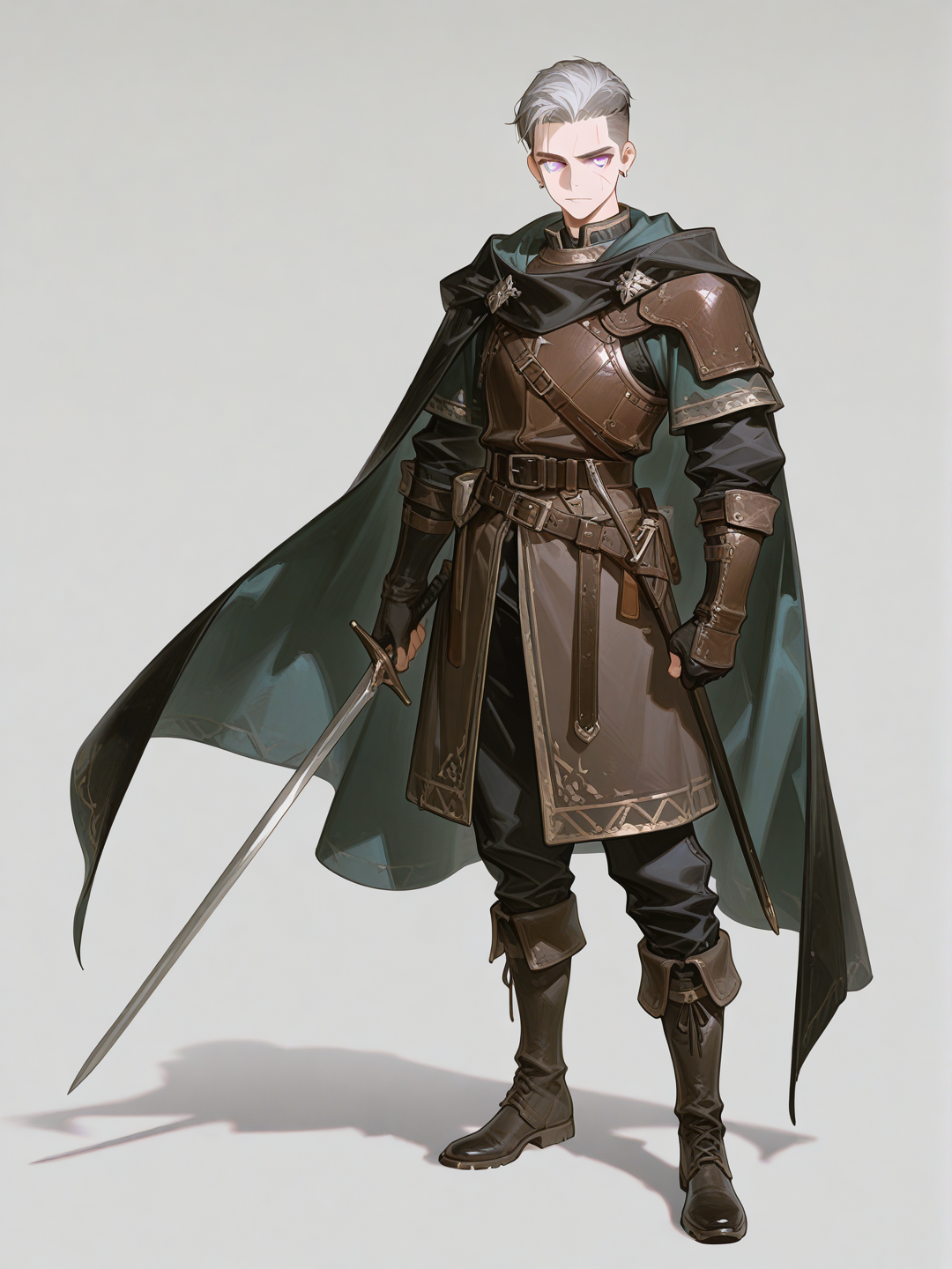 [high-gloss-illustration-style], 1boy, mature, slim, silver hair, purple eyes, scar, tan skin, earrings, adventurer, swordsman, undercut