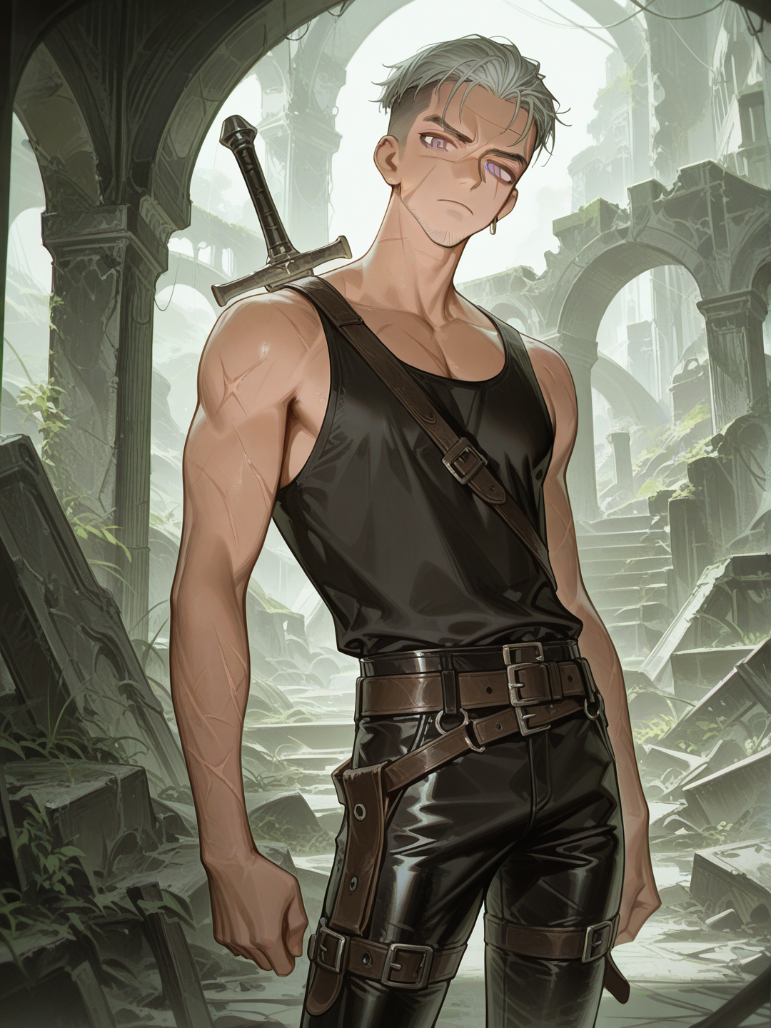 [high-gloss-illustration-style], 1boy, mature, slim, silver hair, purple eyes, scar, tan skin, earrings, adventurer, swordsman, undercut