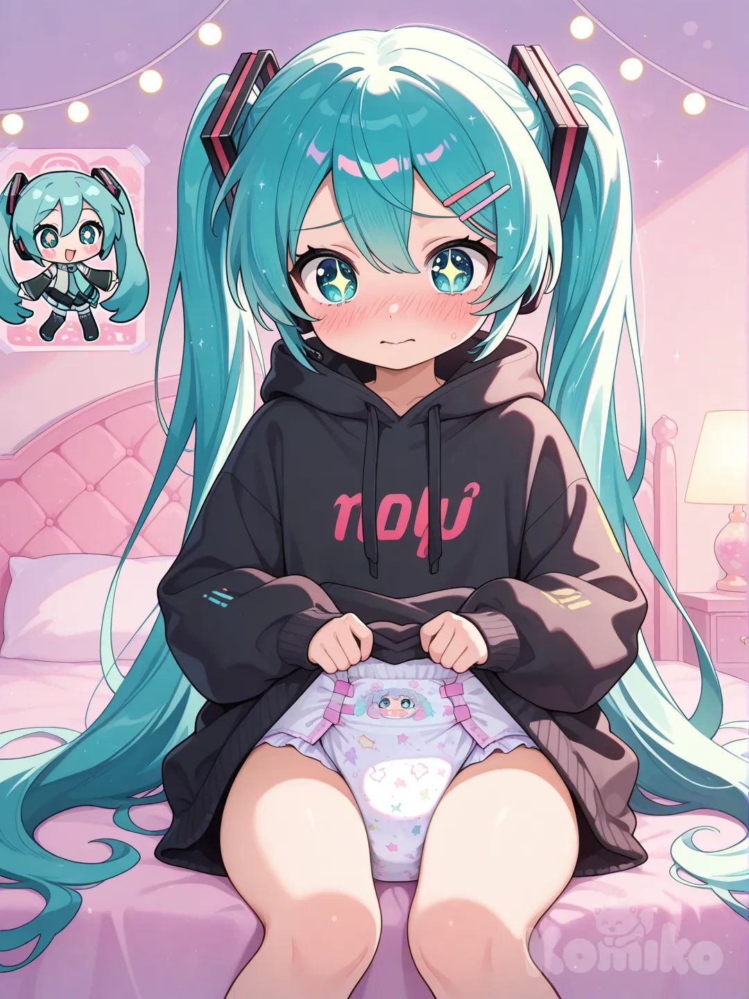 Hatsune Miku, long flowing turquoise twin-tails with hair clips, big sparkling teal eyes, cute embarrassed expression with slight blush, wearing an oversized fluffy black hoodie with Vocaloid logo, super oversized to cover lower body like a dress, the hem subtly revealing a thick black padded diaper with cute white star patterns underneath, sitting on a soft pastel bed in a cozy bedroom decorated with Vocaloid posters and LED lights, chibi-inspired proportions, soft warm lighting, adorable and slightly shy pose with hands pulling down the hoodie hem, kawaii anime style in the vein of Project DIVA loading screens and modern Miku fan art, highly vibrant colors, 8k resolution
, @Hatsune_Miku, 1girl