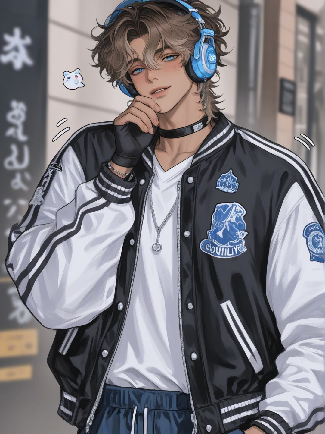 [polished-illustration-style], 1boy, teenager, athletic, tall, brown hair, fluffy hair, blue eyes, piercings, tan skin, varsity jacket, cargo pants, headphones, jewelry, choker