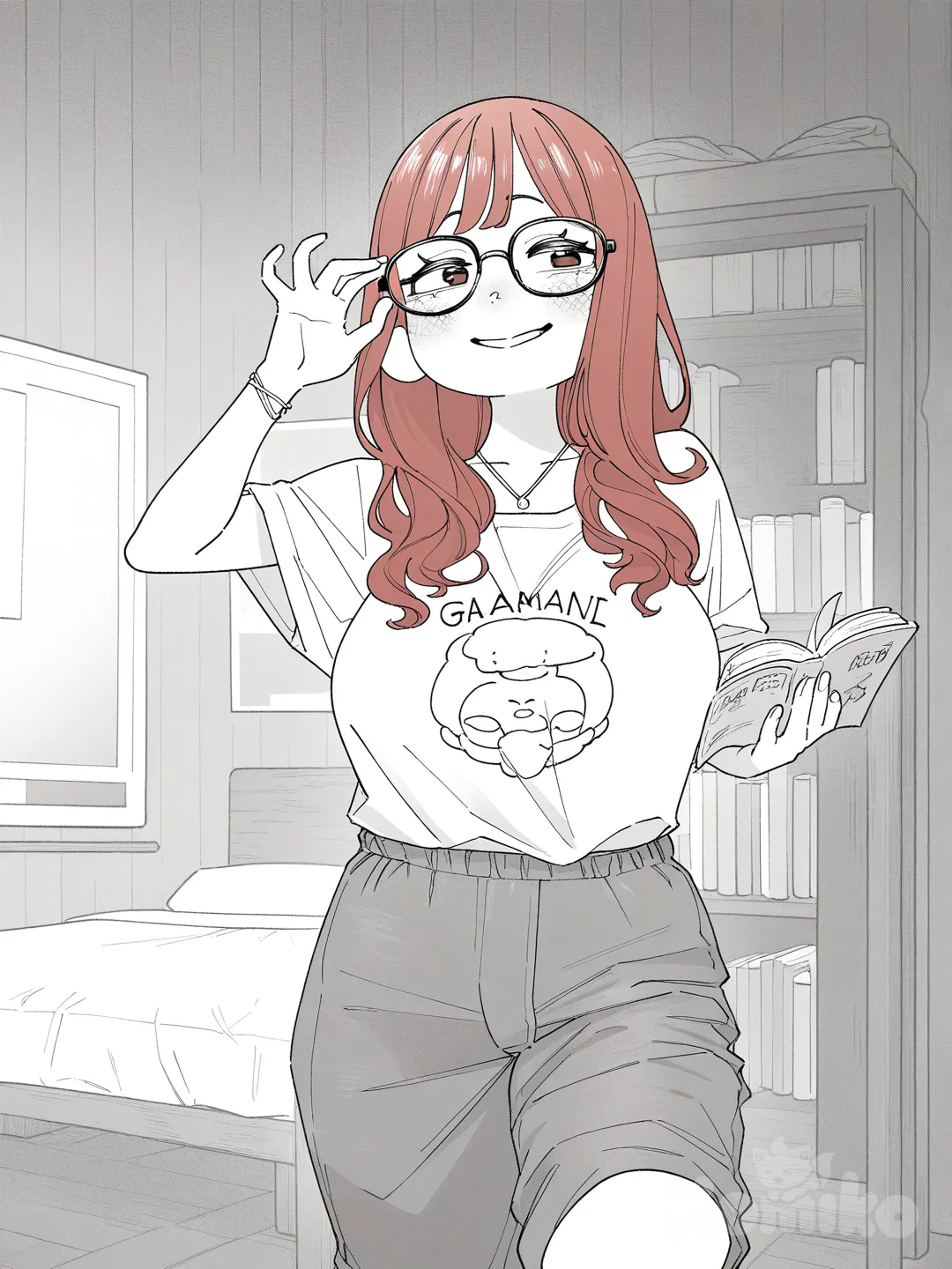 woman, provocative pose, sultry expression, lingerie, soft colors, dramatic lCreate an ultra-realistic, highly image of a 21-year-old Western red-haired woman with long, flowing hair, standing in a warm, cozy, softly lit room filled with bookshelves, posters, and personal items, evoking a lived-in, intellectual atmosphere. She is gorda, curvy, voluptuous, and elegant, with full breasts, wide hips, thick thighs, rounded arms, and a small, subtly visible belly, portrayed naturally and beautifully, emphasizing her soft, feminine curves, charming gordinho appeal, and endearing personality.

Her large almond-shaped dark brown eyes are expressive, shy, intelligent, and subtly charming, enhanced by glasses that reinforce her nerdy aesthetic. Her facial expression is gentle, shy, and inviting, with a warm, authentic smile, radiating approachability, subtle allure, and warmth.

Her outfit is casual, geeky, and stylish, featuring an oversized graphic t-shirt or sweater, loose pants or a comfortable skirt, and subtle accessories like bracelets or necklaces. The clothing is soft, comfortable, and loose-fitting, naturally following her body contours while remaining modest, tasteful, and cozy, highlighting her volumes without sexualization.

She may be holding a book, adjusting her glasses, leaning slightly, sitting on a chair, or shyly smiling, with a relaxed, natural posture that conveys nerdy charm, comfort, and endearing personality. Focus on natural, flowing body movements and realistic proportions.

Style & Atmosphere: ultra-realistic, soft warm lighting, cozy and intellectual environment, focus on body volumes, natural curves, posture, facial expressions, charm, and nerdy personality. Emphasize her voluptuous figure, subtle gordinho appeal, natural elegance, cuteness, and soft charm, making her feel alive, approachable, and irresistibly endearing, with a cozy, lived-in environment that complements her personality.ighting, sensual art, ultra-1girl, [grayscale-manga-style]