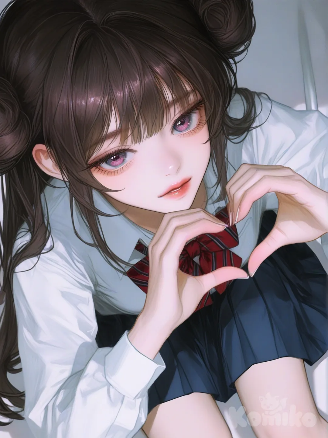 [semi-realistic-portrait-style], 1girl, heart hands, pleated skirt, double buns, navy blue, plastic, school uniform