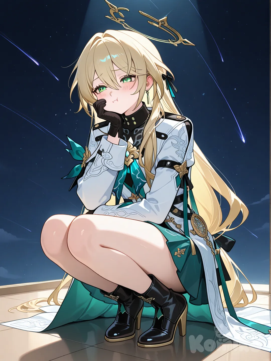 1girl, @Luocha_(Honkai:Star_Rail), face pinching, full body, ambient light, plastic, navy blue