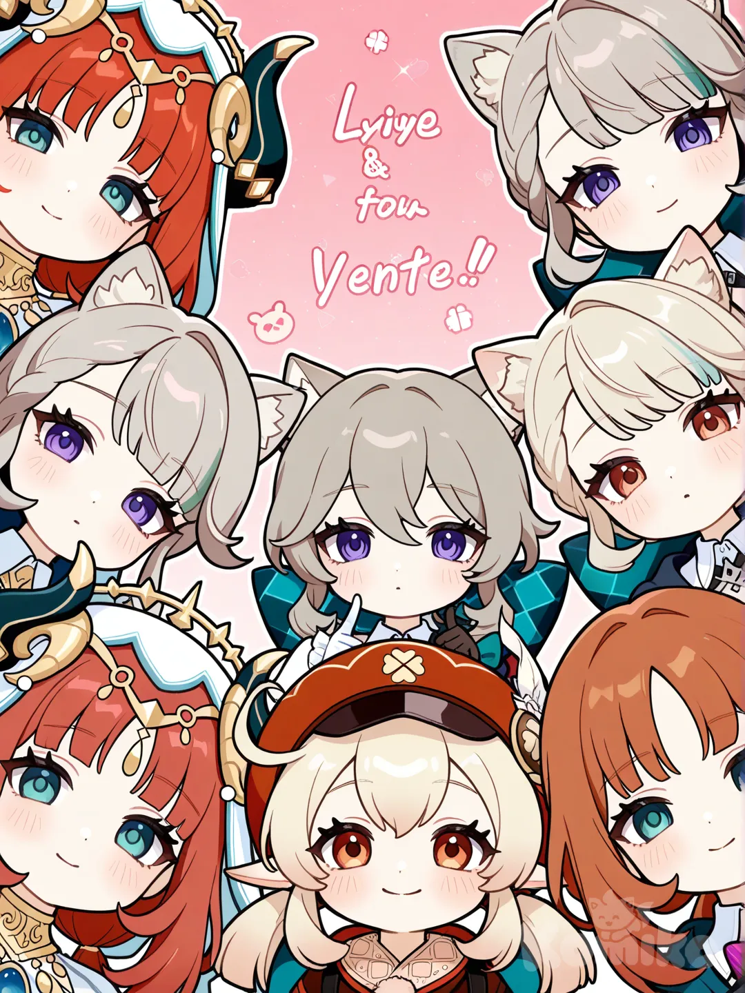 @Klee_(Genshin_Impact), @Lynette_(Genshin_Impact), @Nilou_(Genshin_Impact), @Slime_(Genshin_Impact), upper body