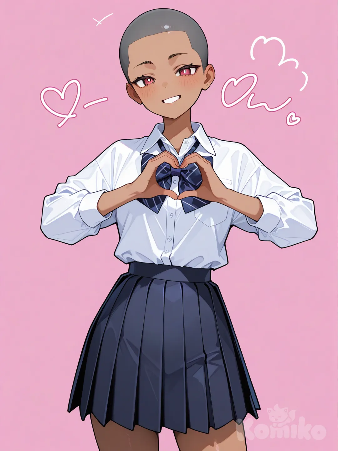 heart hands, 1girl, pleated skirt, buzz cut