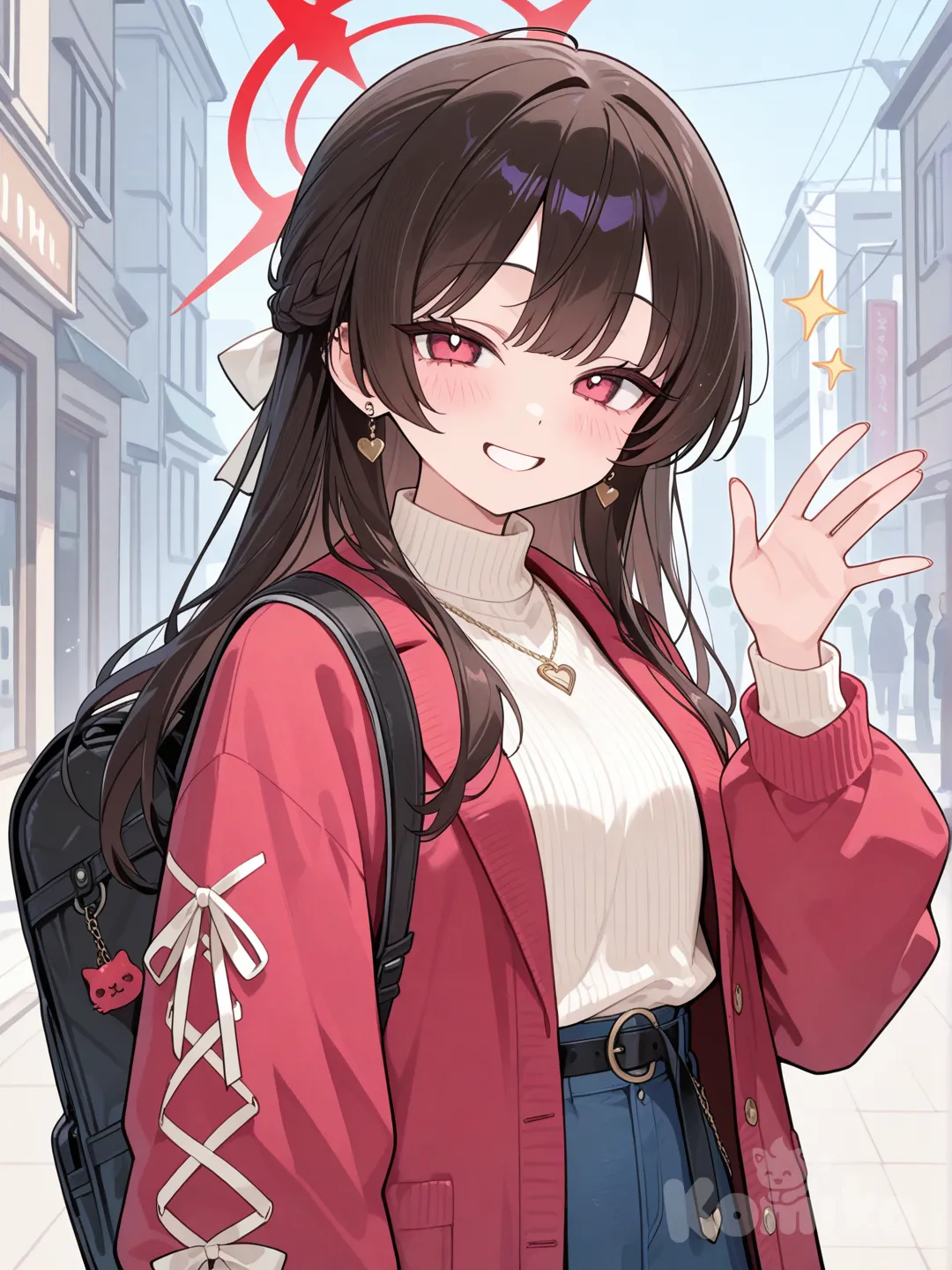 1girl, smile, waving