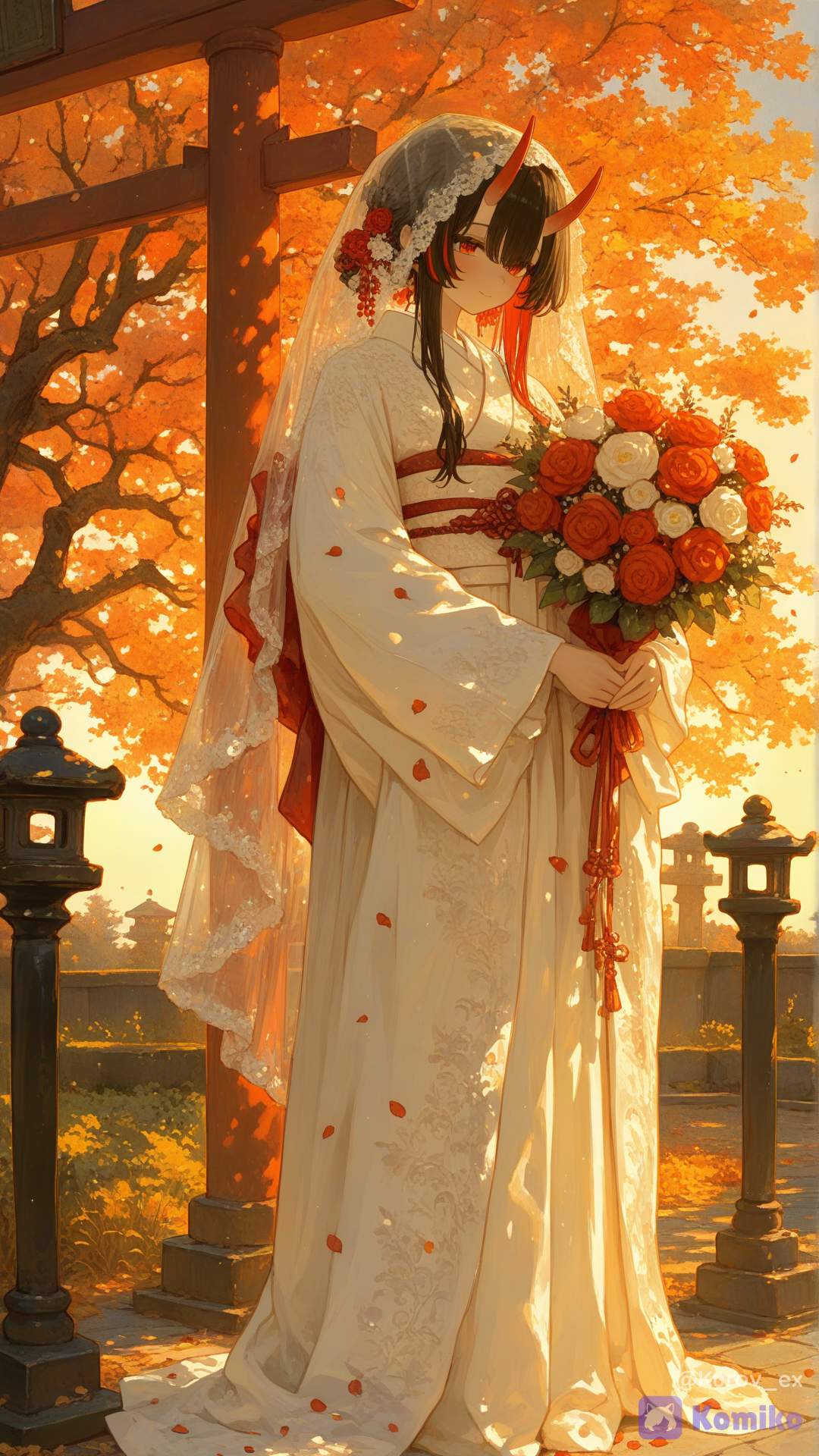杰作，顶级品质，超精细，奇幻，8K，电影级动漫插画，原创角色，成年女性，鬼新娘，美丽的原创奇幻角色，优雅的日式婚礼美学，传统的白色白无垢风格新娘和服，飘逸的白色长袖，精致的红金刺绣，华丽的腰带，传统的新娘配饰，白色新娘头巾，精致的簪子发饰，飘逸的黑色长发中挑染着淡淡的红色，绯红的眼睛，小巧精致的鬼角，鬼主题的珠宝，红金装饰，神圣的婚礼护身符，仪式扇，手捧传统的日式婚礼花束，和服上绣着精致的鬼图案，宁静温柔的表情，优雅的姿态，立于古老的日本神社，鸟居，樱花树，秋叶，石灯笼，薄雾，温暖的夕阳，飘落的花瓣，神圣的氛围，浪漫的婚礼象征意义，优雅的构图，全身像，电影级视角，面部细节丰富，美丽精致的手部特写、正确的人体解剖结构、细致的服饰、精美的刺绣、光洁如盔甲般的装饰元素、和谐的色彩、柔和的立体光影、富有氛围感的景深、梦幻婚礼插画、温馨浪漫的氛围、适合所有年龄段、适合所有年龄段, [sweet-painting-style]