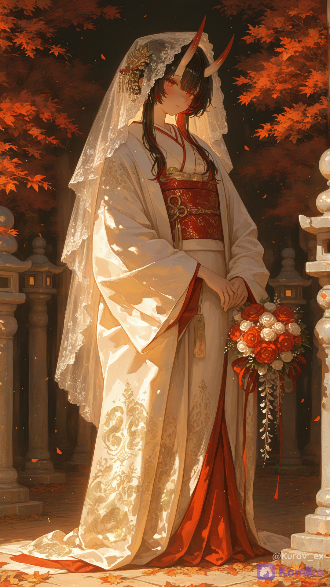 杰作，顶级品质，超精细，奇幻，8K，电影级动漫插画，原创角色，成年女性，鬼新娘，美丽的原创奇幻角色，优雅的日式婚礼美学，传统的白色白无垢风格新娘和服，飘逸的白色长袖，精致的红金刺绣，华丽的腰带，传统的新娘配饰，白色新娘头巾，精致的簪子发饰，飘逸的黑色长发中挑染着淡淡的红色，绯红的眼睛，小巧精致的鬼角，鬼主题的珠宝，红金装饰，神圣的婚礼护身符，仪式扇，手捧传统的日式婚礼花束，和服上绣着精致的鬼图案，宁静温柔的表情，优雅的姿态，立于古老的日本神社，鸟居，樱花树，秋叶，石灯笼，薄雾，温暖的夕阳，飘落的花瓣，神圣的氛围，浪漫的婚礼象征意义，优雅的构图，全身像，电影级视角，面部细节丰富，美丽手部、正确的解剖结构、精致的服饰、繁复的刺绣、抛光的盔甲状装饰元素、和谐的色彩、柔和的立体光影、富有氛围感的景深、奇幻婚礼插画、温馨浪漫的氛围、适合所有年龄段、安全工作场所、()、绝对的杰作、最佳品质、超高清8K动漫插画、极其精细的细节、令人叹为观止的美感、高度精细、清晰的焦点、荒诞的、极其精细的服饰和配饰、复杂的图案、丰富的纹理、戏剧性的电影级光影、强烈的轮廓光、立体光束、闪烁的粒子、光泽湿润的肌肤，带有强烈的高光和反射、完美无瑕的光滑肌肤、鲜艳浓郁的饱和色彩、干净利落的线条、锐利的线条、景深、专业的动漫插画、甜美绘画风格增强、强烈的氛围、惊艳的构图、动态光影, [sensual-glossy-style]