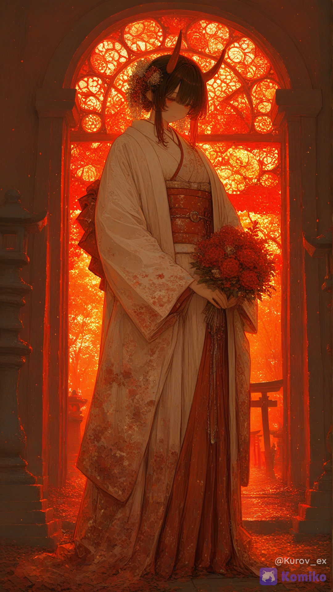 杰作，顶级品质，超精细，奇幻，8K，电影级动漫插画，原创角色，成年女性，鬼新娘，美丽的原创奇幻角色，优雅的日式婚礼美学，传统的白色白无垢风格新娘和服，飘逸的白色长袖，精致的红金刺绣，华丽的腰带，传统的新娘配饰，白色新娘头巾，精致的簪子发饰，飘逸的黑色长发中挑染着淡淡的红色，绯红的眼睛，小巧精致的鬼角，鬼主题的珠宝，红金装饰，神圣的婚礼护身符，仪式扇，手捧传统的日式婚礼花束，和服上绣着精致的鬼图案，宁静温柔的表情，优雅的姿态，立于古老的日本神社，鸟居，樱花树，秋叶，石灯笼，薄雾，温暖的夕阳，飘落的花瓣，神圣的氛围，浪漫的婚礼象征意义，优雅的构图，全身像，电影级视角，面部细节丰富，美丽手部、正确的解剖结构、精致的服饰、繁复的刺绣、抛光的盔甲状装饰元素、和谐的色彩、柔和的立体光影、富有氛围感的景深、奇幻婚礼插画、温馨浪漫的氛围、适合所有年龄段、安全工作场所、()、绝对的杰作、最佳品质、超高清8K动漫插画、极其精细的细节、令人叹为观止的美感、高度精细、清晰的焦点、荒诞的、极其精细的服饰和配饰、复杂的图案、丰富的纹理、戏剧性的电影级光影、强烈的轮廓光、立体光束、闪烁的粒子、光泽湿润的肌肤，带有强烈的高光和反射、完美无瑕的光滑肌肤、鲜艳浓郁的饱和色彩、干净利落的线条、锐利的线条、景深、专业的动漫插画、甜美绘画风格增强、强烈的氛围、惊艳的构图、动态光影, [sweet-painting-style]