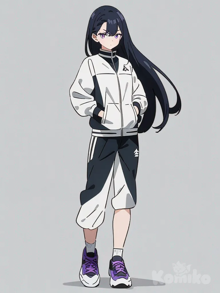 1girl, teenager, athletic, tall, very long straight dark blue hair, purple eyes, fair skin, Demon Slayer training outfit, anime coloring, single character, full body, looking at viewer, anime style, simple background, white background