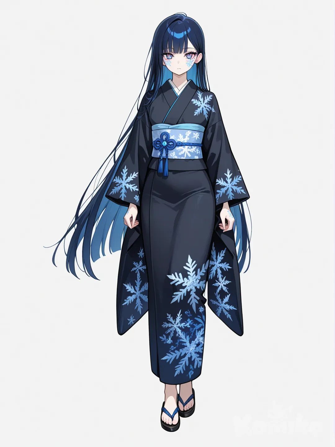 1girl, teenager, athletic, tall, very long straight dark blue hair, rainbow eyes, fair skin, black kimono, anime coloring, single character, full body, looking at viewer, anime style, simple background, white background, demon form, pale blue snowflake patterns on skin