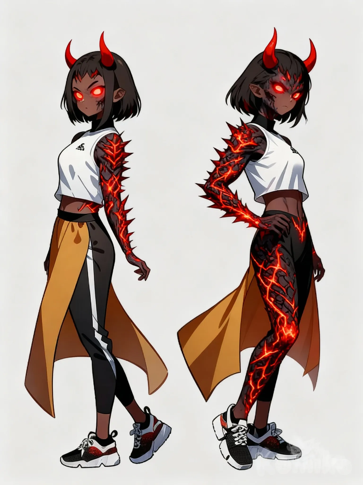 @akitsu-rfaz, demon form, glowing red eyes, red spiky patterns glowing on skin, short red devil horns, wearing her normal training outfit