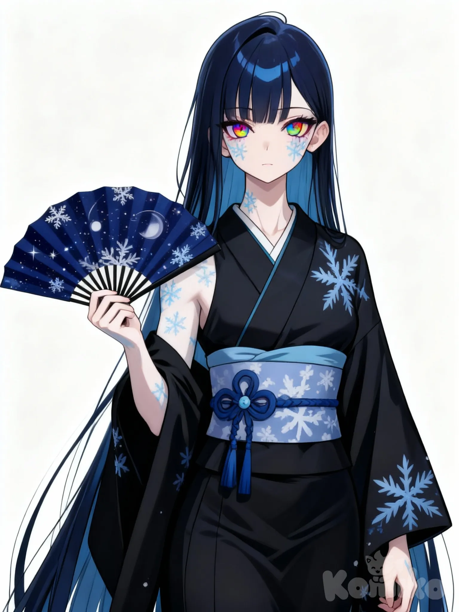1girl, teenager, athletic, tall, very long straight dark blue hair, rainbow eyes, fair skin, black kimono, anime coloring, single character, full body, looking at viewer, anime style, simple background, white background, demon form, pale blue snowflake patterns on skin, holding dark blue Japanese war fan with snowflake and celestial patterns