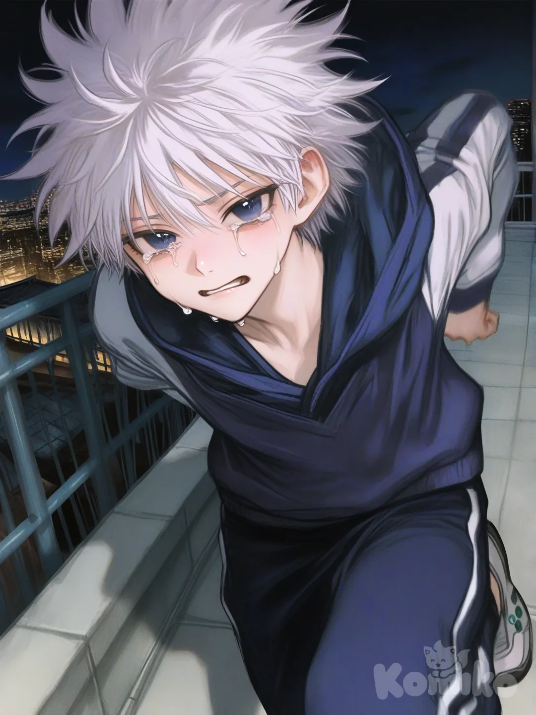 @Killua_Zoldyck, [semi-realistic-portrait-style], arms behind back, running, jumping from rooftop, hoodie, crying, tears
