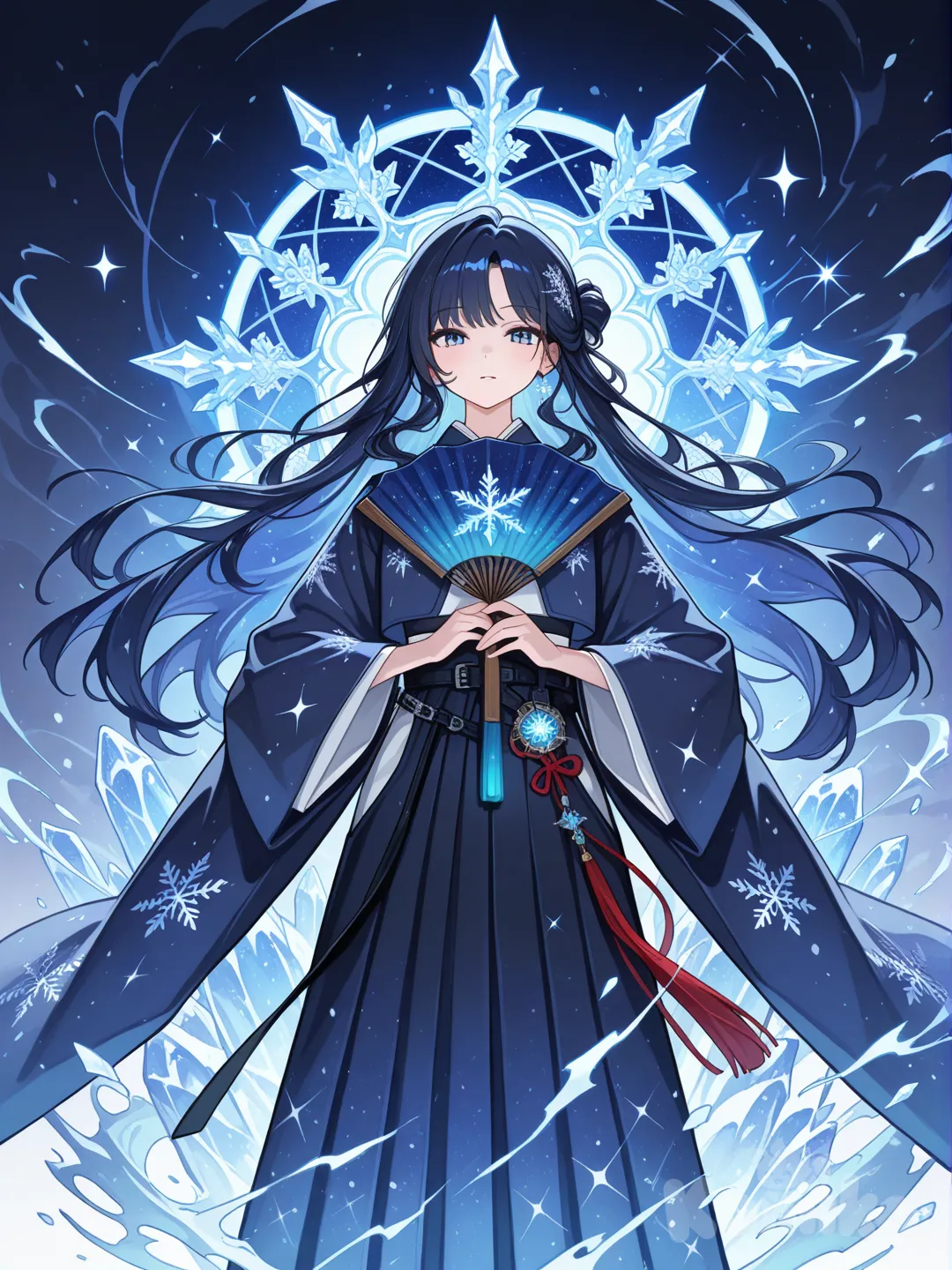 dark blue Japanese war fan with snowflake and celestial patterns, glowing, ice and starlight swirling around it