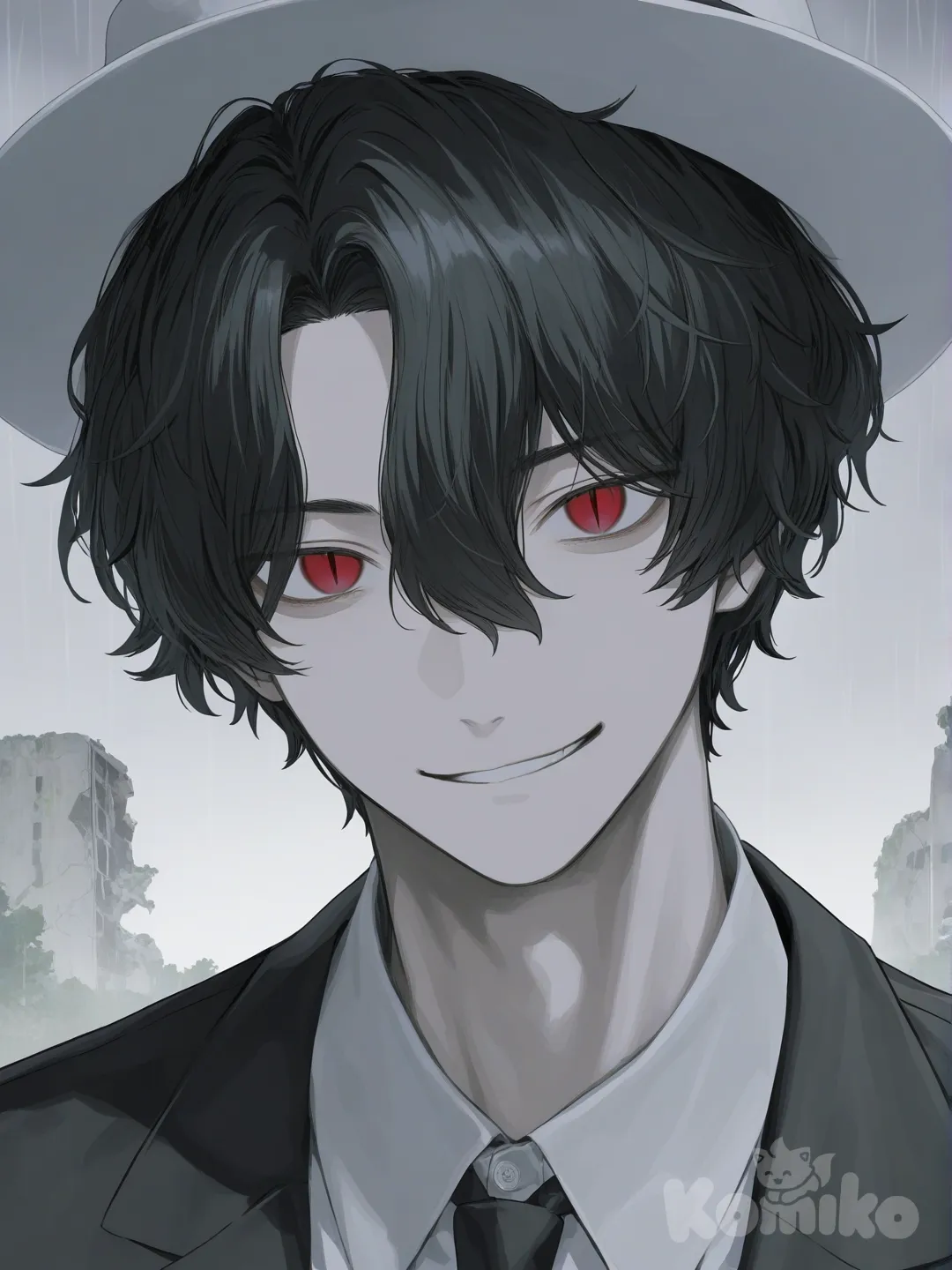 [soft-pastel-style], smirk, suit, looking at viewer, ambient light, day, rainy, ruins, tall man with a lean muscular build along with an unnaturally pale skin complexion that can be easily confused as being unhealthy and sickly. He has a parted, short-length, wavy black hair, with two set of curly, wavy bangs on each side of his face in the middle, and sharp, almond-shaped eyes. His irises are a vibrant red color with black, vertical cat-like pupils along with visible cracks around the pupils, white hat with black band just above the brim

, closeup, headshot