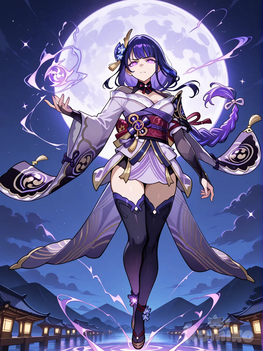 @Raiden_Shogun, night sky, purple magic swirling vividly around her, hovering above mountains, stormy sky, moon, stars, glaring