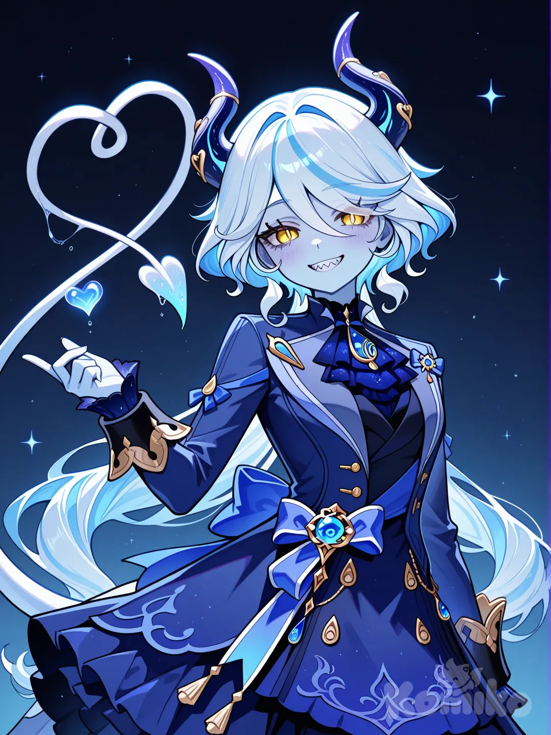 ellen joe, con la apariencia de una tiefling de piel azulada ojos amarrillos brillantes cuernos como los de toro una cola larga que termina en punta con forma de corazon y va vestida con las ropas de, furina (genshin impact)