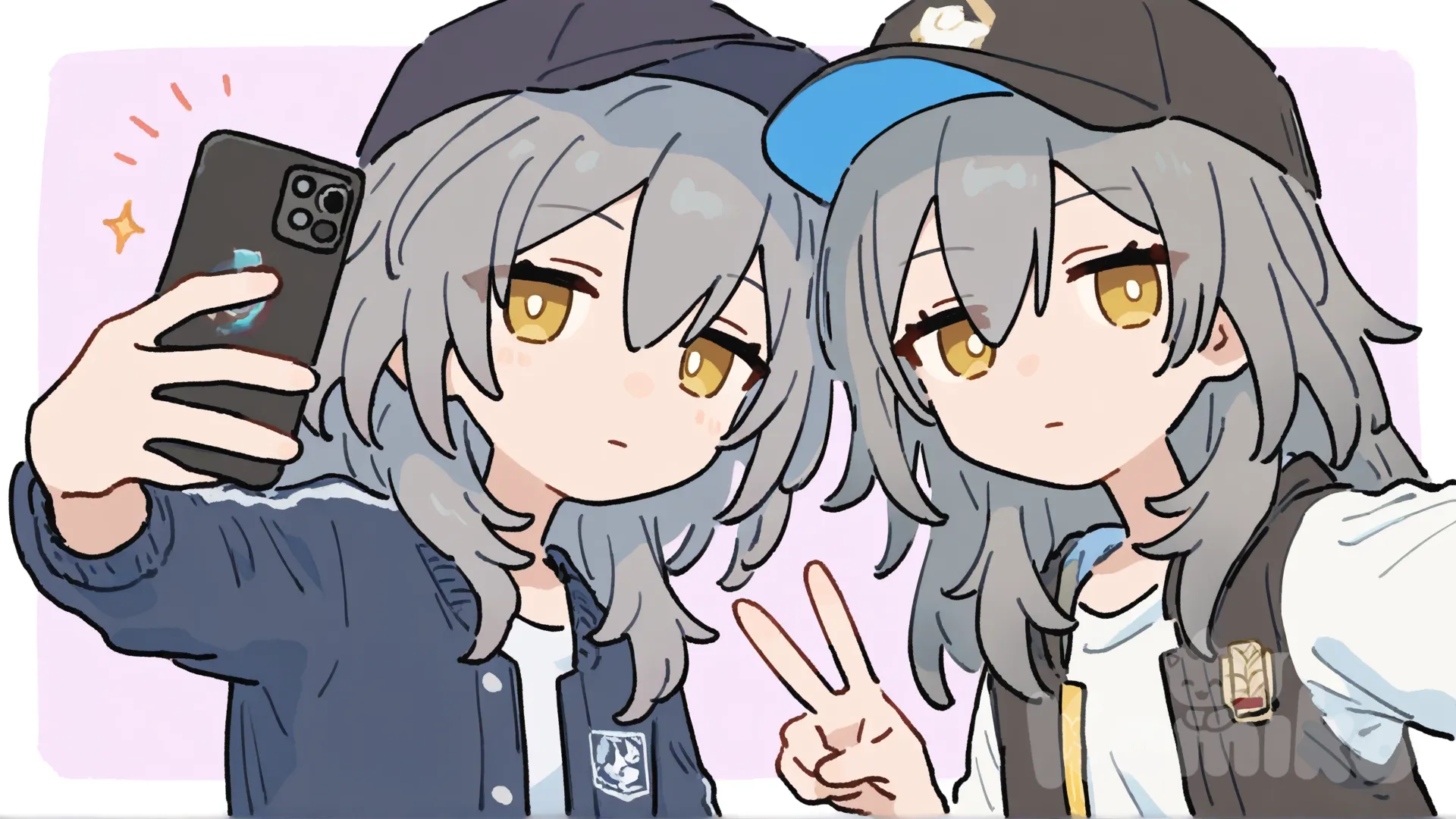 [flat-pastel-style], Stelle (Honkai:Star Rail), Caelus (Honkai:Star Rail), expressionless, v sign, selfie, varsity jacket, baseball cap, casual pants