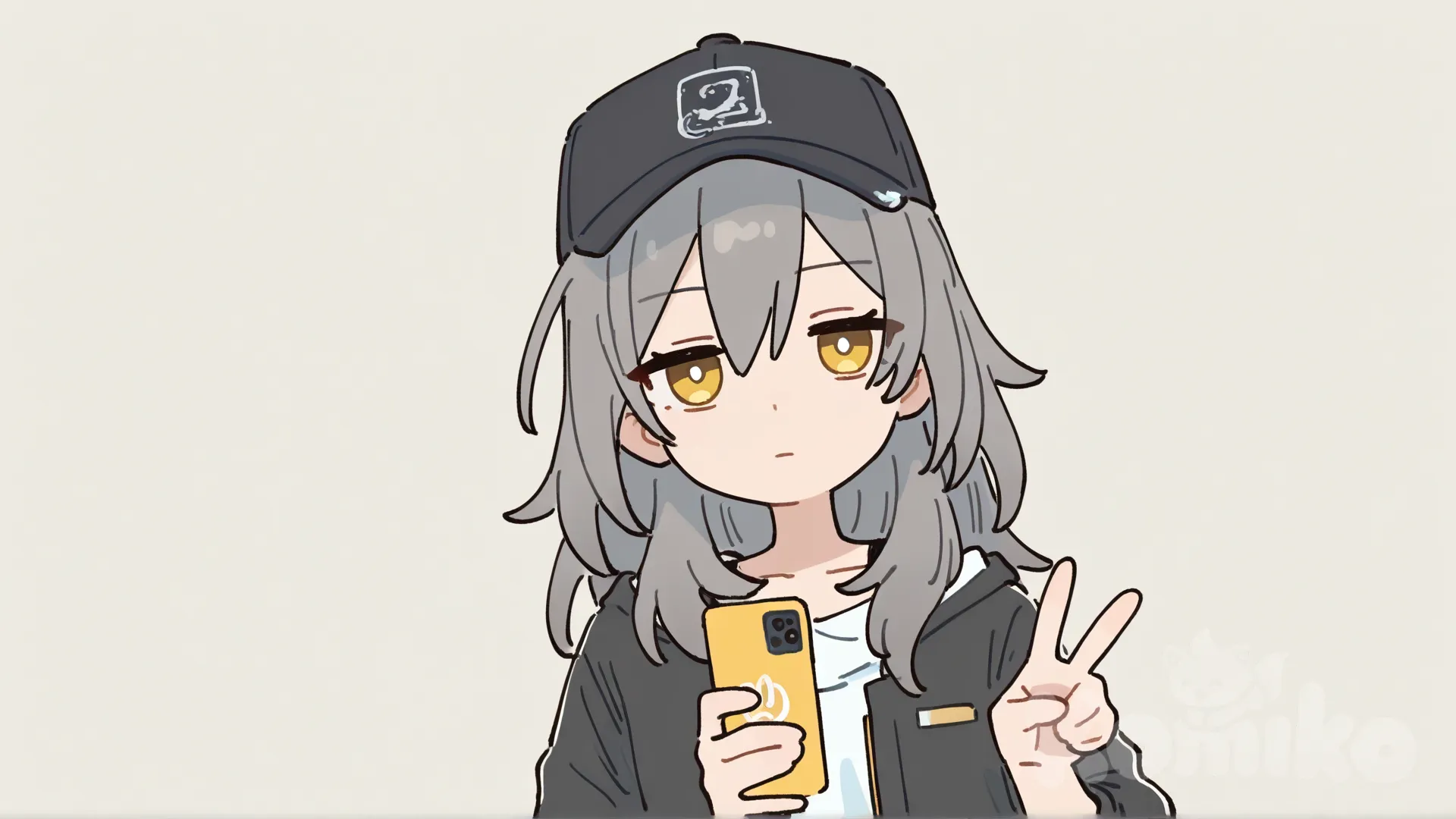 [flat-pastel-style], Stelle (Honkai:Star Rail), expressionless, v sign, selfie, varsity jacket, baseball cap, casual pants