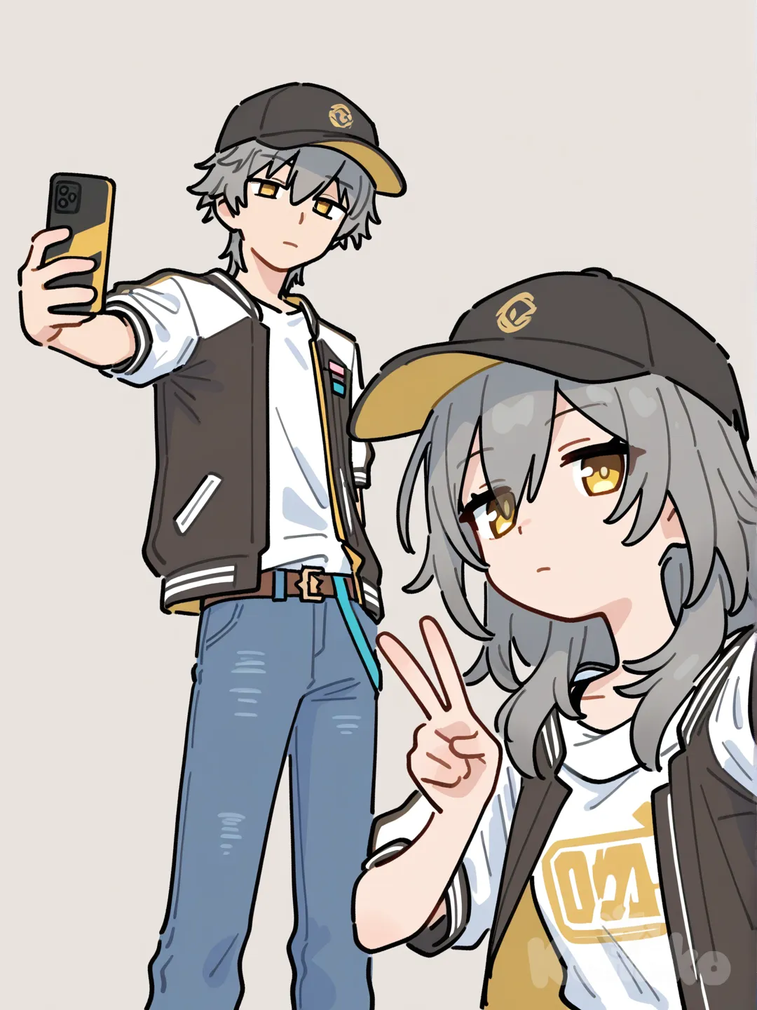 [flat-pastel-style], Stelle (Honkai:Star Rail), Caelus (Honkai:Star Rail), expressionless, v sign, selfie, varsity jacket, baseball cap, casual pants
