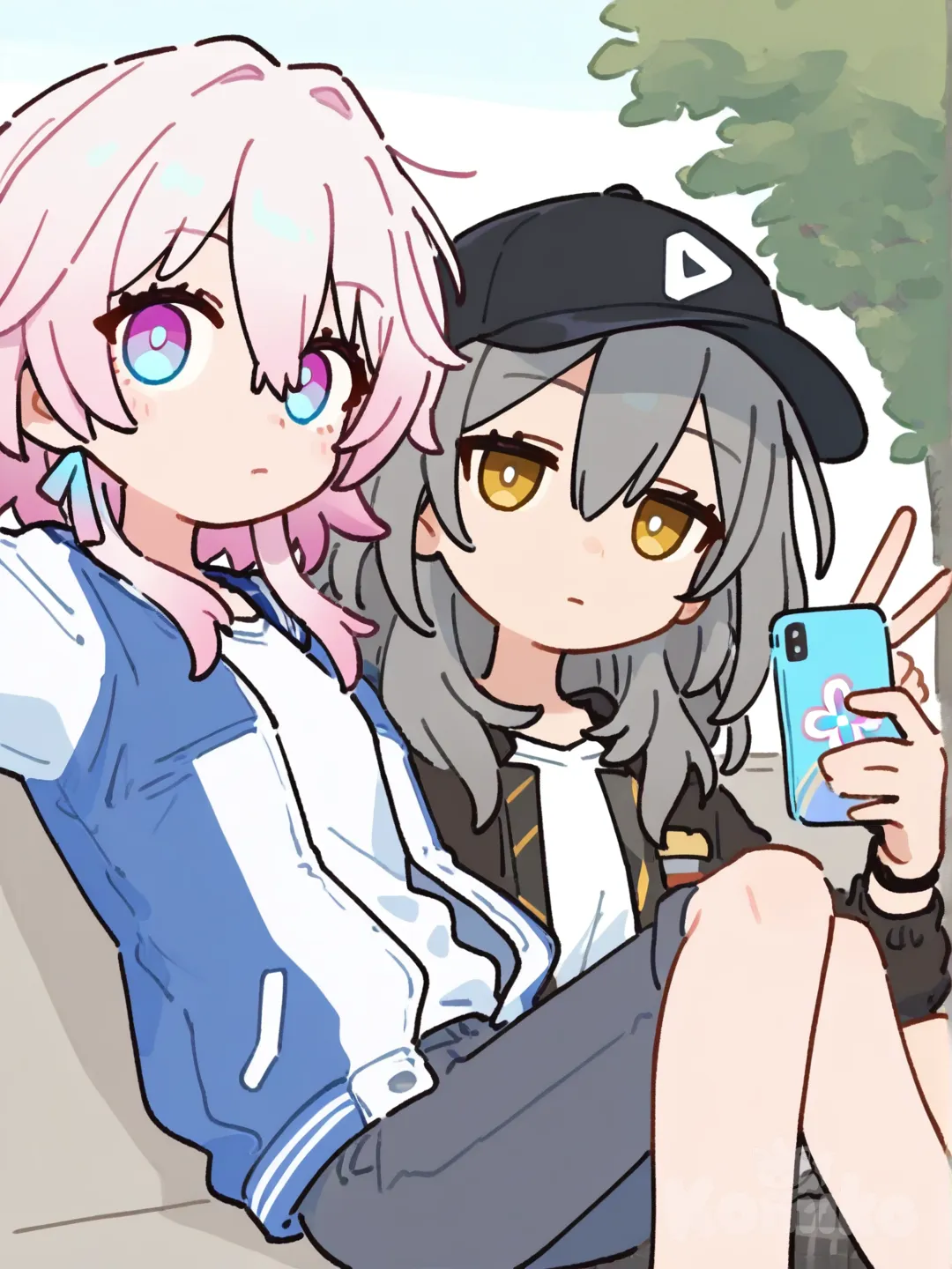[flat-pastel-style], Stelle (Honkai:Star Rail), March 7th(Honkai:Star Rail)，expressionless, v sign, selfie, varsity jacket, baseball cap, casual pants