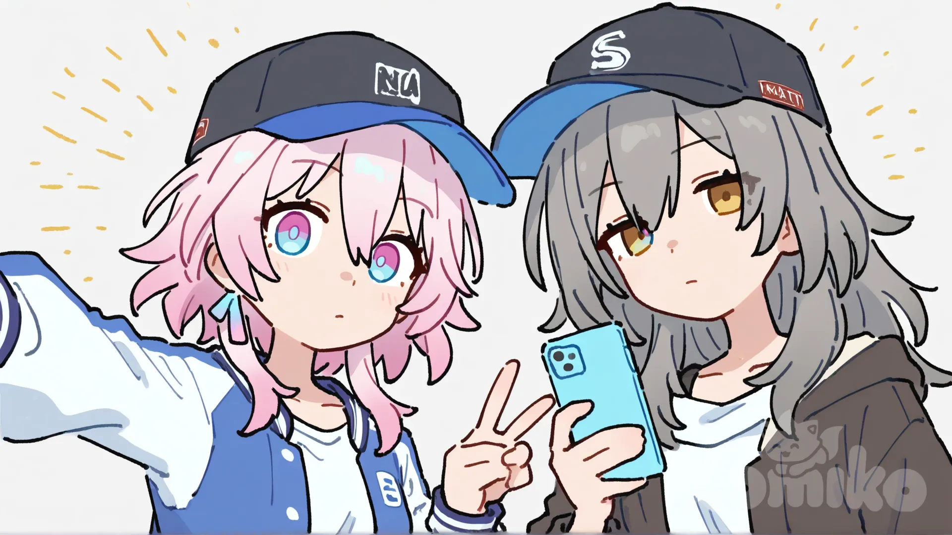 [flat-pastel-style], Stelle (Honkai:Star Rail), March 7th(Honkai:Star Rail)（skirt），expressionless, v sign, selfie, varsity jacket, baseball cap, casual pants