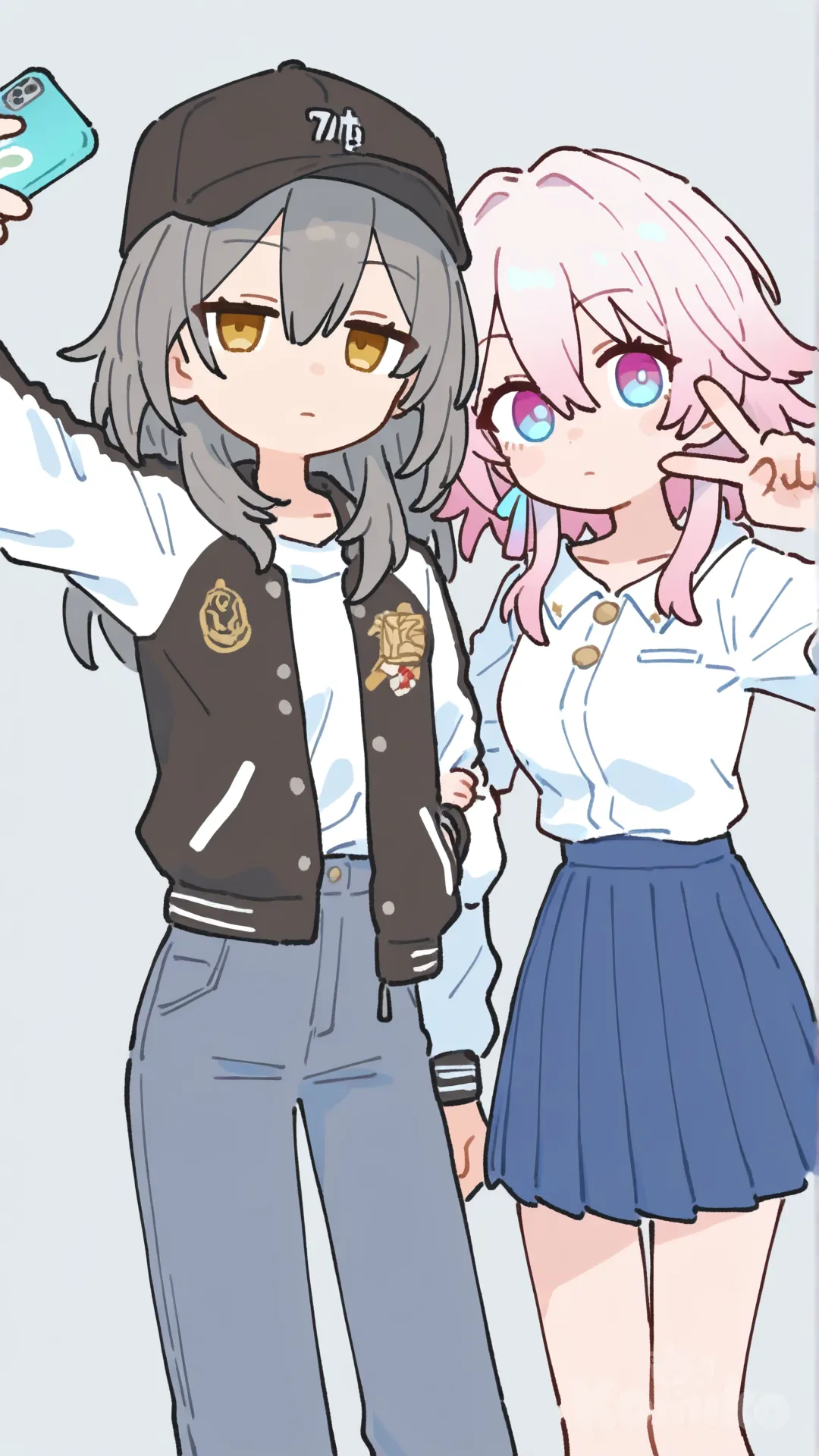 [flat-pastel-style], Stelle (Honkai:Star Rail), March 7th(Honkai:Star Rail)（skirt），expressionless, v sign, selfie, varsity jacket, baseball cap, casual pants