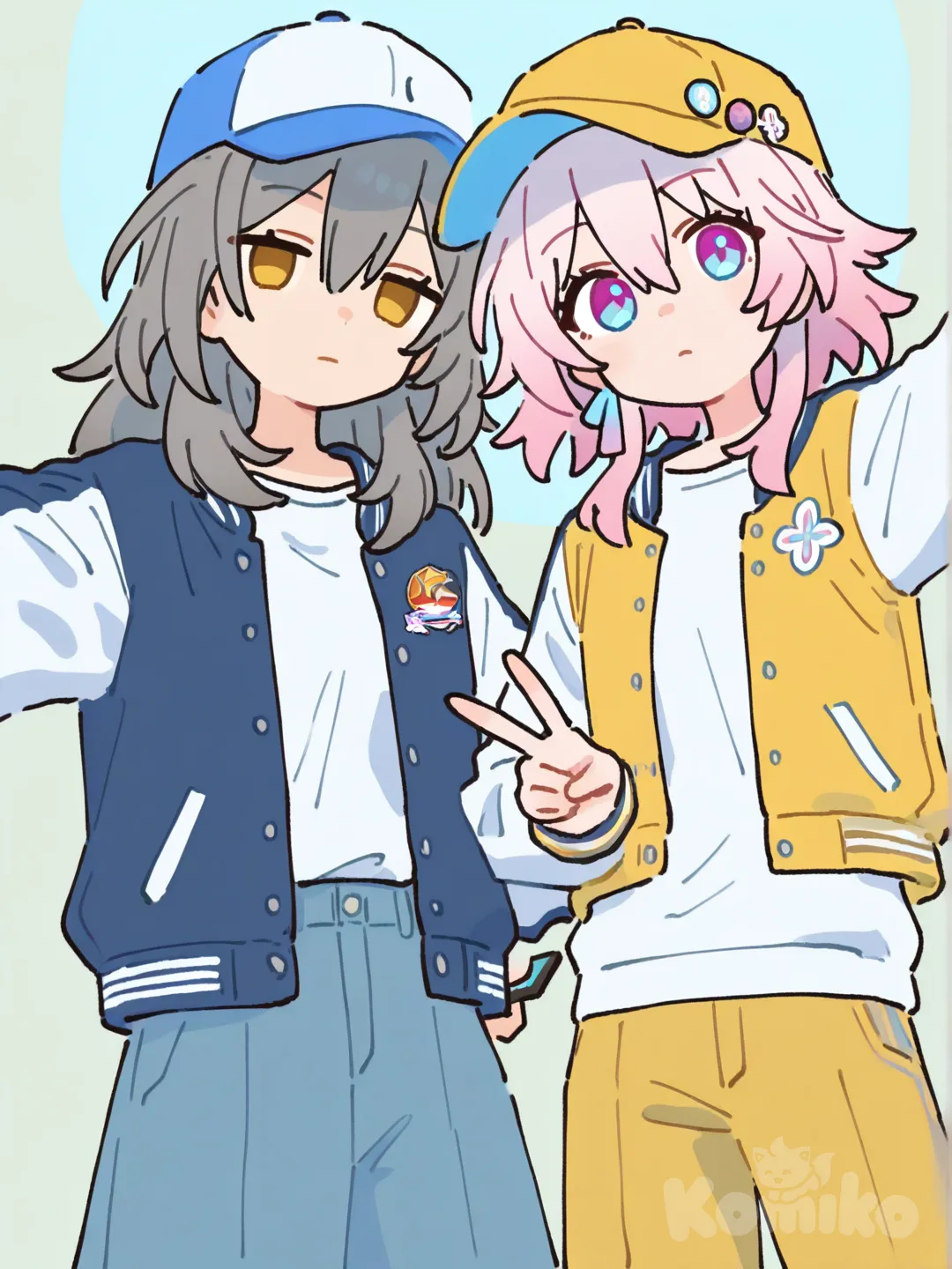[flat-pastel-style], Stelle (Honkai:Star Rail), March 7th(Honkai:Star Rail)（skirt），expressionless, v sign, selfie, varsity jacket, baseball cap, casual pants