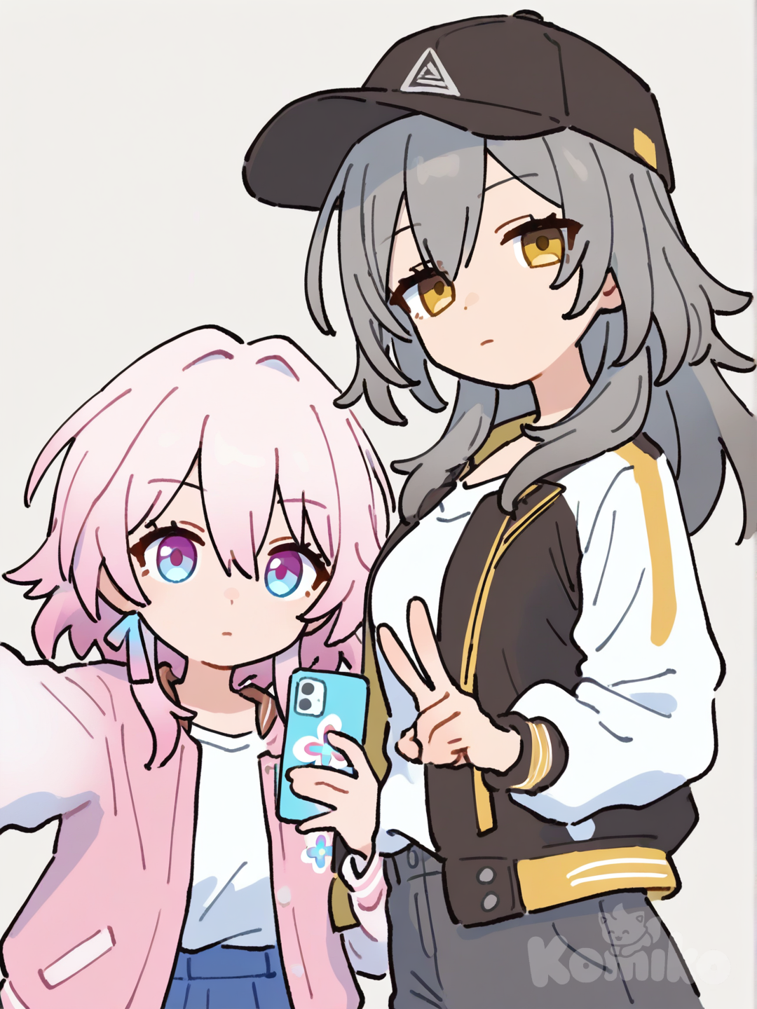 [flat-pastel-style], Stelle (Honkai:Star Rail), March 7th(Honkai:Star Rail)（skirt），expressionless, v sign, selfie, varsity jacket, baseball cap, casual pants