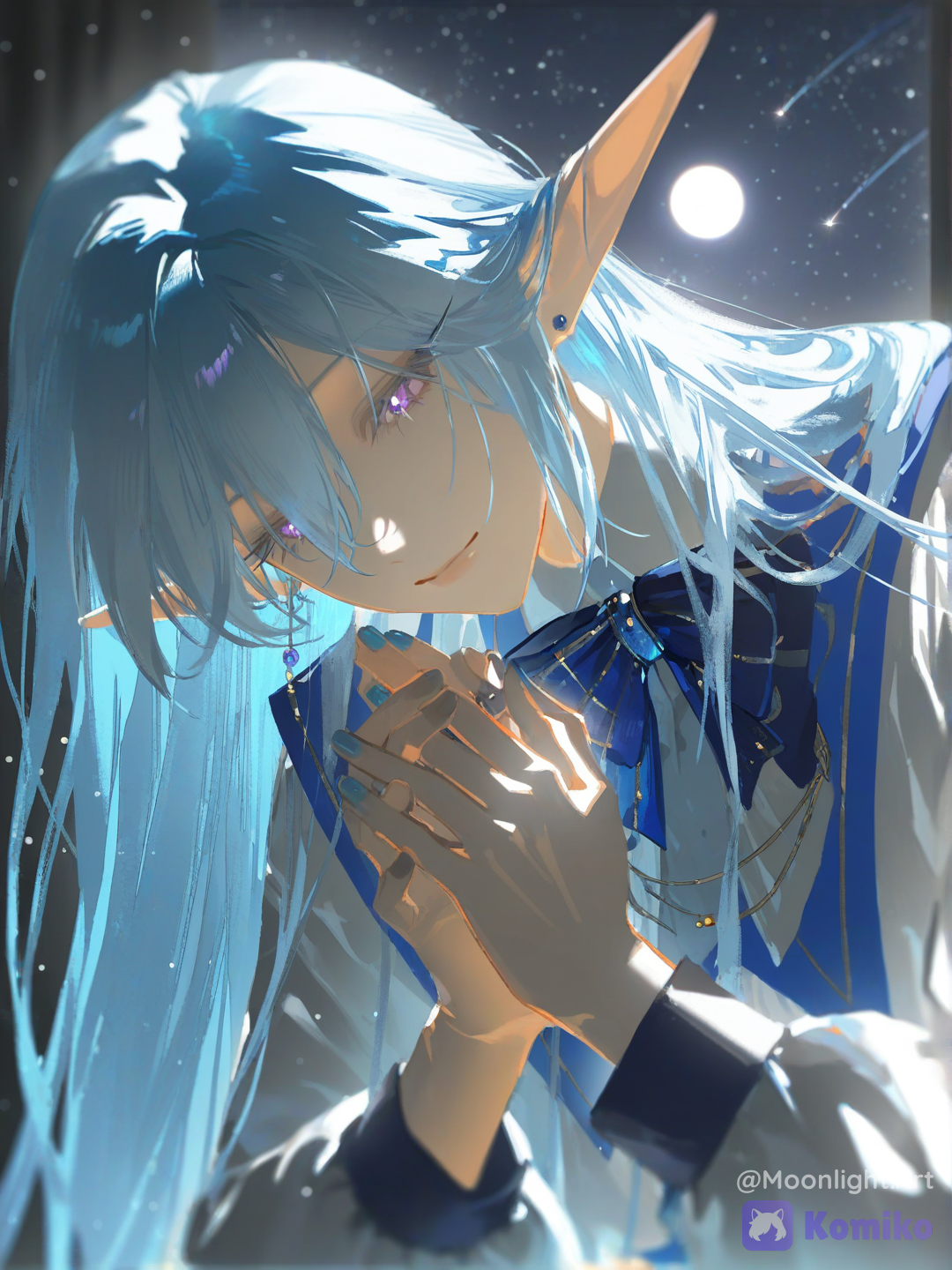 ultra beautiful moon elf, long cyan-blue hair, violet glowing eyes, pointed elf ears, moon-themed jewelry, close-up portrait, eyes gently closed, hands clasped together near her chest, making a wish upon a shooting star, soft smile, peaceful expression, gentle emotion, moonlight illuminating her face, glowing shooting star crossing the night sky, star reflections around her, full moon in the background, starry sky, soft magical particles, dreamlike atmosphere, camera very close, focus on face, focus on eyelashes, focus on expression, cinematic lighting, depth of field, beautiful eye details, moon fantasy aesthetic, natural hair resting on shoulders, subtle hair movement, no dramatic wind, no floating hair, [aqua-dreamlight-style], @lua-9M6e