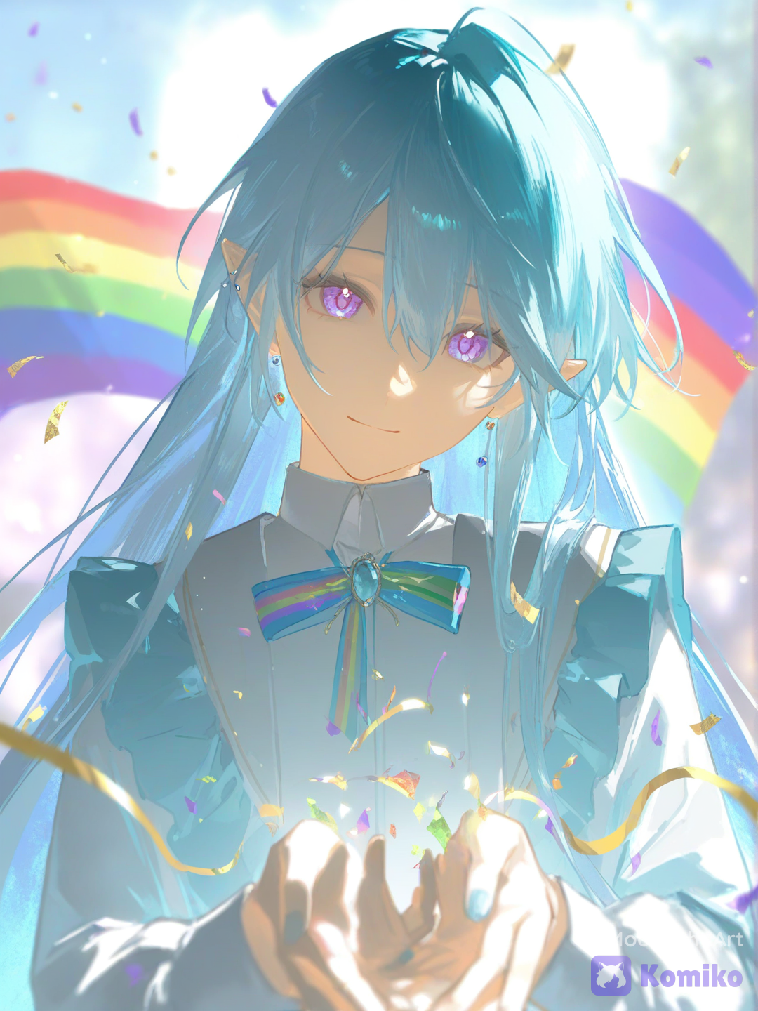 @lua-9M6e, [aqua-dreamlight-style], newest, anime artwork, highly close-up portrait, upper body, looking directly at viewer, warm genuine smile, joyful expression, holding a large rainbow LGBT pride flag behind the shoulders with both hands, both hands raised outside the frame holding the corners of the flag, rainbow fabric stretched wide behind the head and shoulders, colorful fabric framing the face, celebratory atmosphere, pride parade energy, vibrant rainbow colors, colorful confetti floating through the air, soft sunlight, gentle breeze, colorful bokeh, blurred festival background, shallow depth of field, cinematic portrait photography, face as focal point, engaging eye contact, intimate composition, dynamic fabric movement, rainbow reflections on skin and hair, soft lighting, rim light, eyes, sharp focus on face, vivid colors, uplifting mood, freedom, happiness, acceptance, professional composition, stunning composition thighhighs, 1024 × 1536, Outpainting