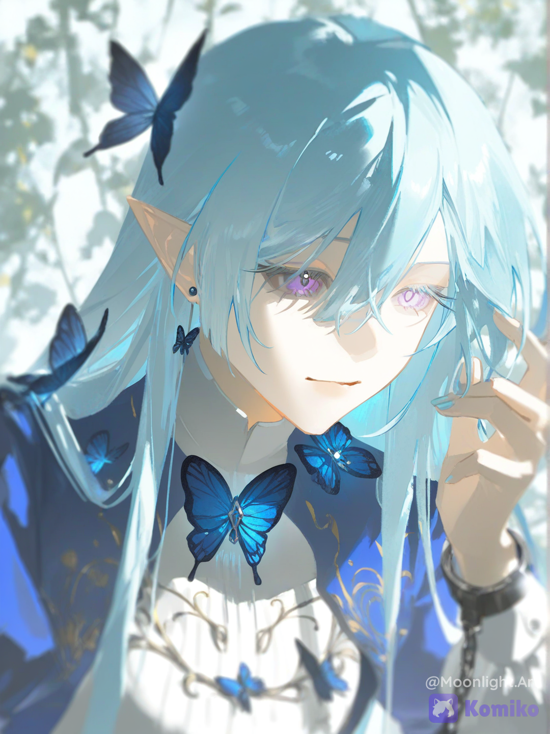 [aqua-dreamlight-style], @lua-9M6e, ultra close-up portrait with glowing blue butterflies resting near her hair and shoulders, soft moonlight illuminating her face, gentle expression, blurred flowers in the background, ethereal atmosphere, fantasy anime illustration, SFW